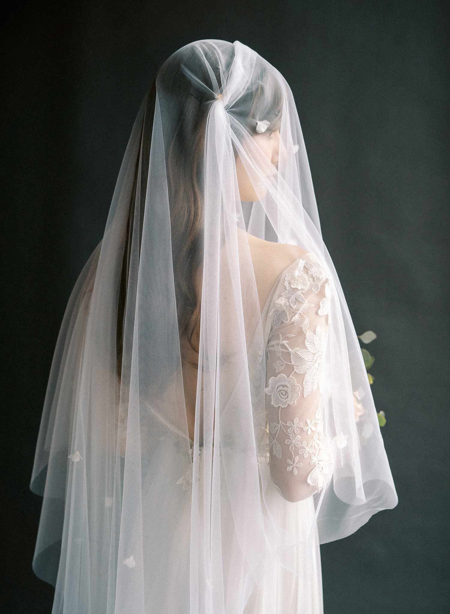 Vintage inspired bridal juliet veil with ultra soft tulle and silk flowers. By Twigs and Honey.