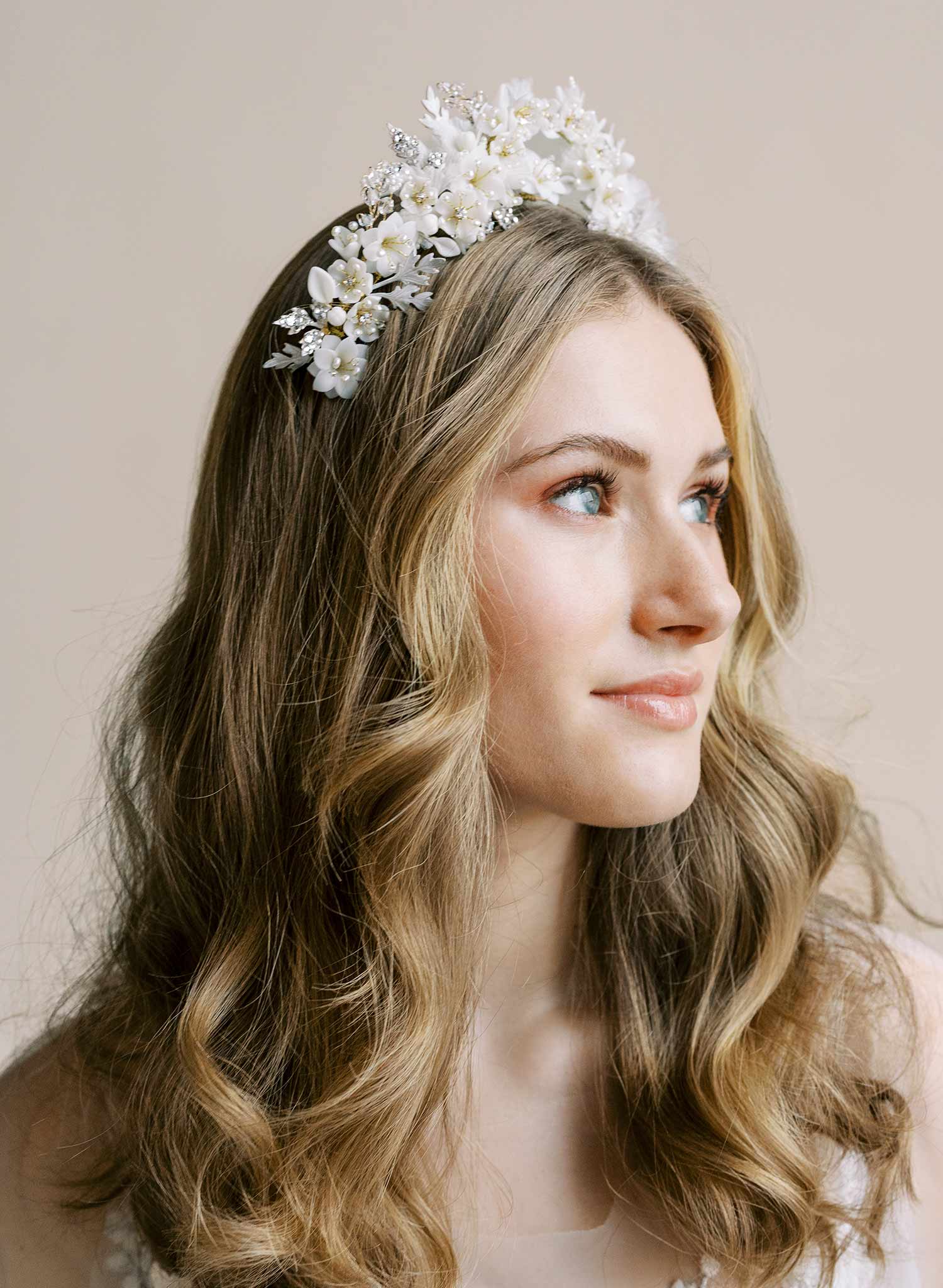 Handmade clay flower and Austrian crystal bridal crown, headband, tiara by Twigs & Honey