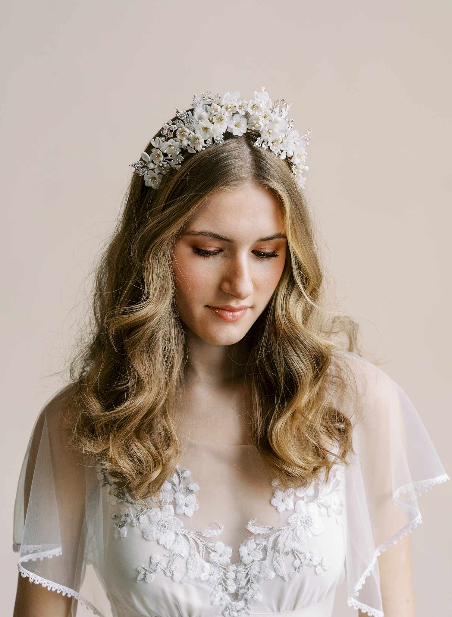 Handmade clay flower and Austrian crystal bridal crown, headband, tiara by Twigs & Honey