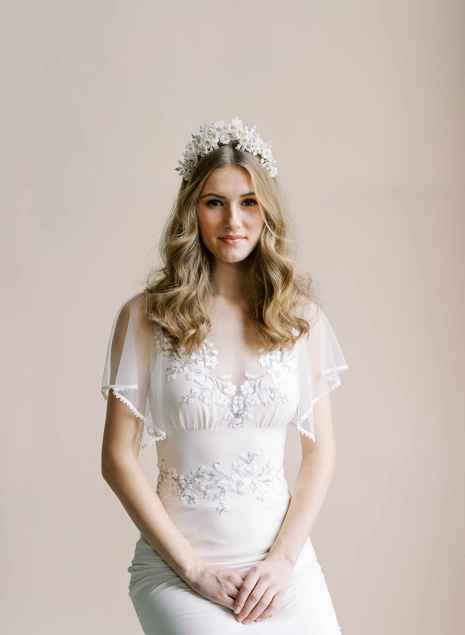 Handmade clay flower and Austrian crystal bridal crown, headband, tiara by Twigs & Honey
