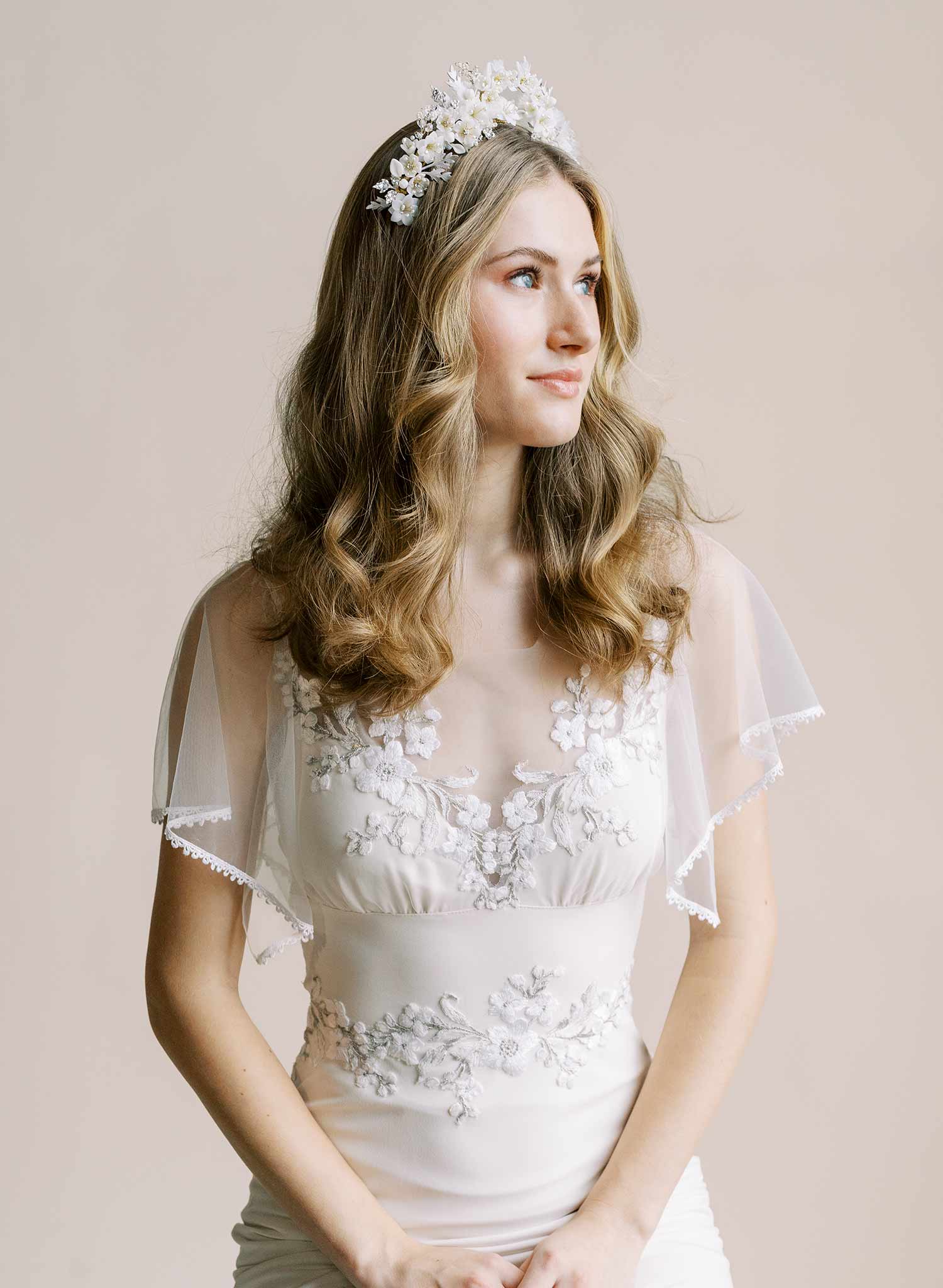 Handmade clay flower and Austrian crystal bridal crown, headband, tiara by Twigs & Honey