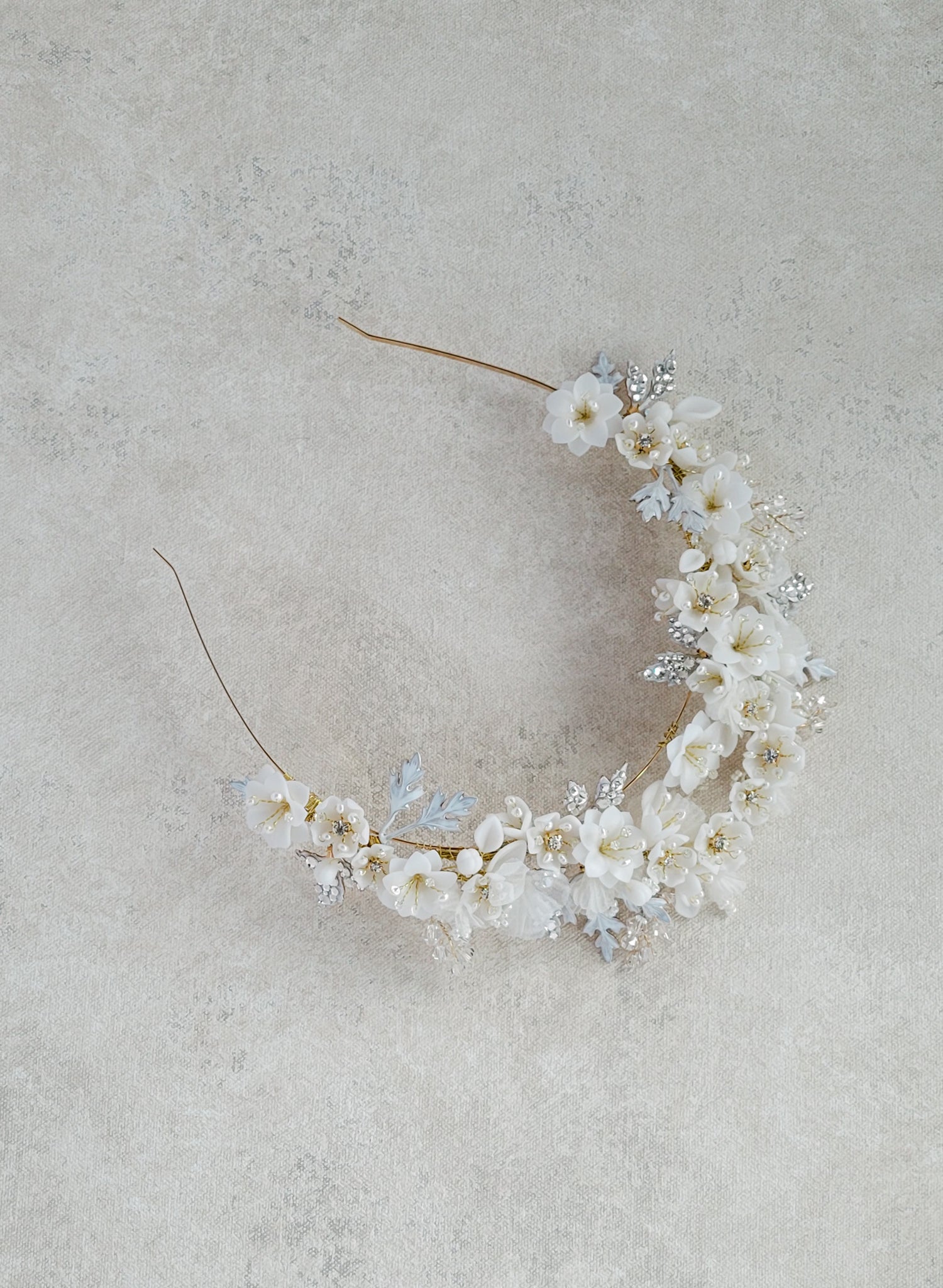 Handmade clay flower and Austrian crystal bridal crown, headband, tiara by Twigs & Honey
