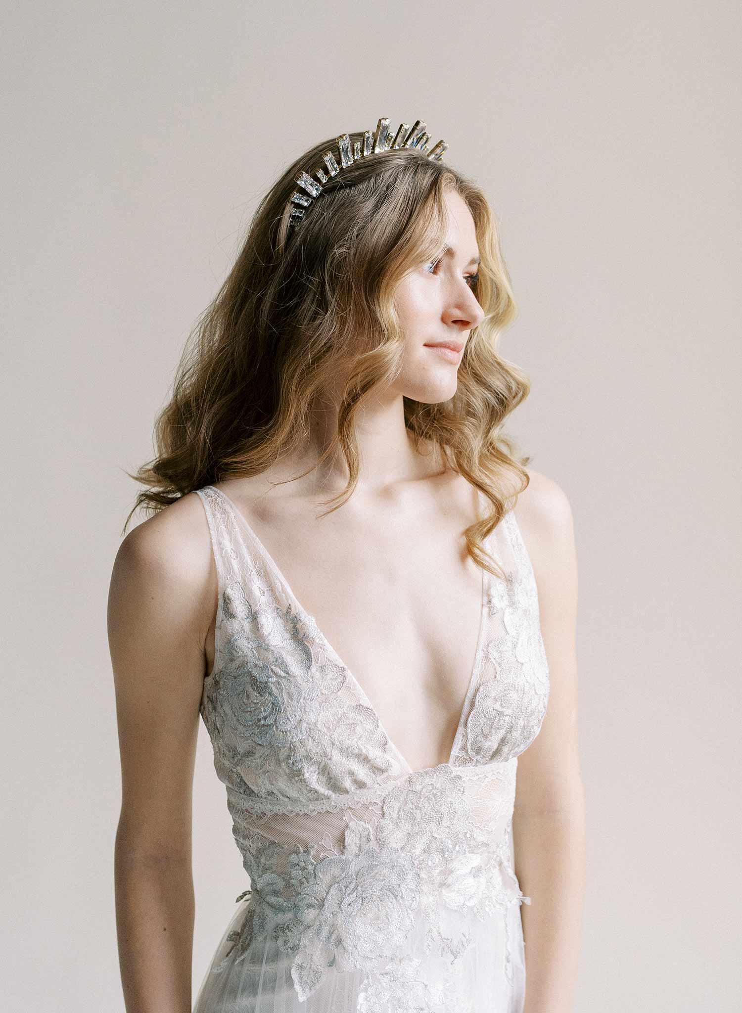 Baguette princess cut Austrian crystal bridal tiara, crown by Twigs and Honey.