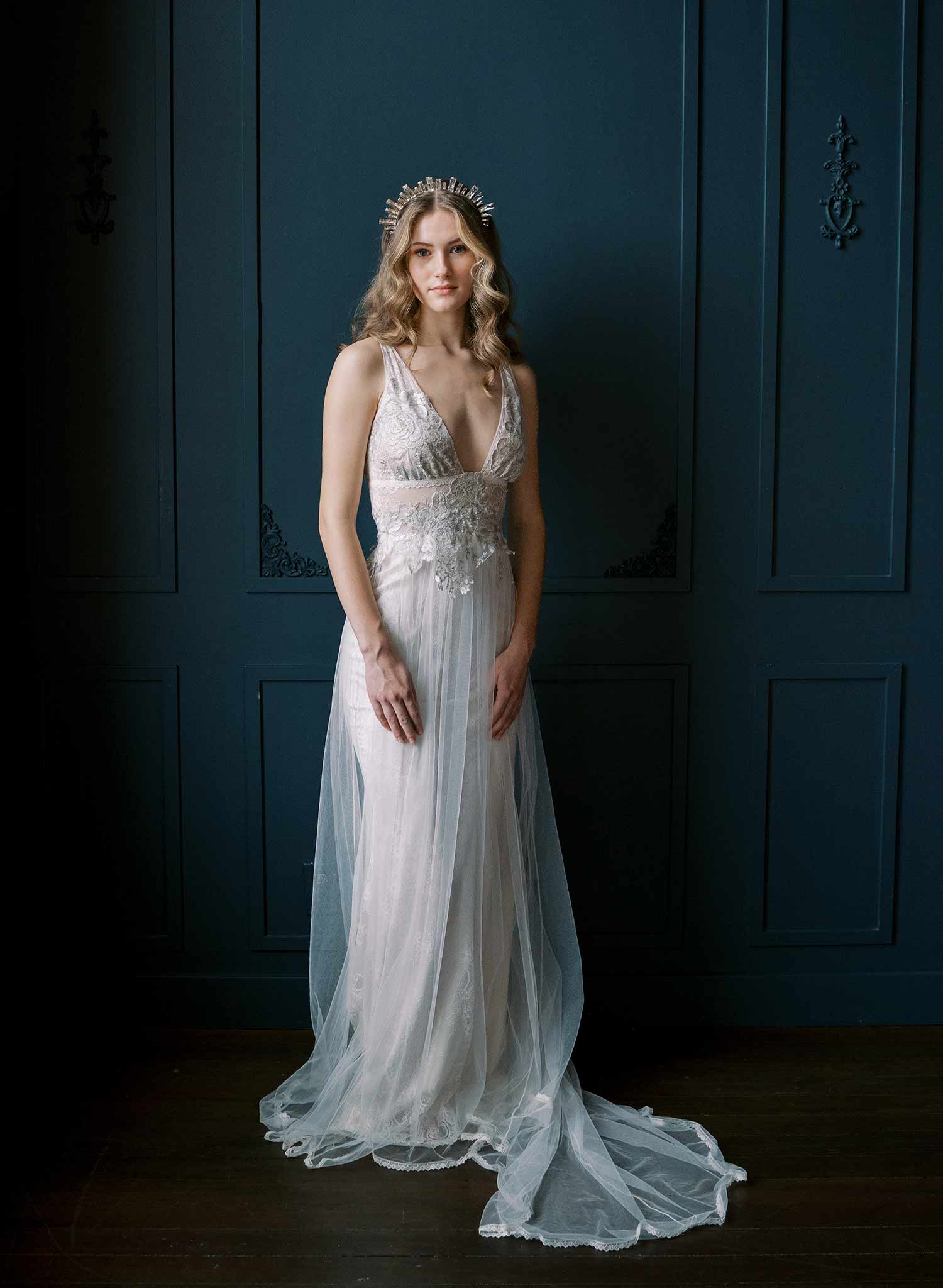 Baguette princess cut Austrian crystal bridal tiara, crown by Twigs and Honey.