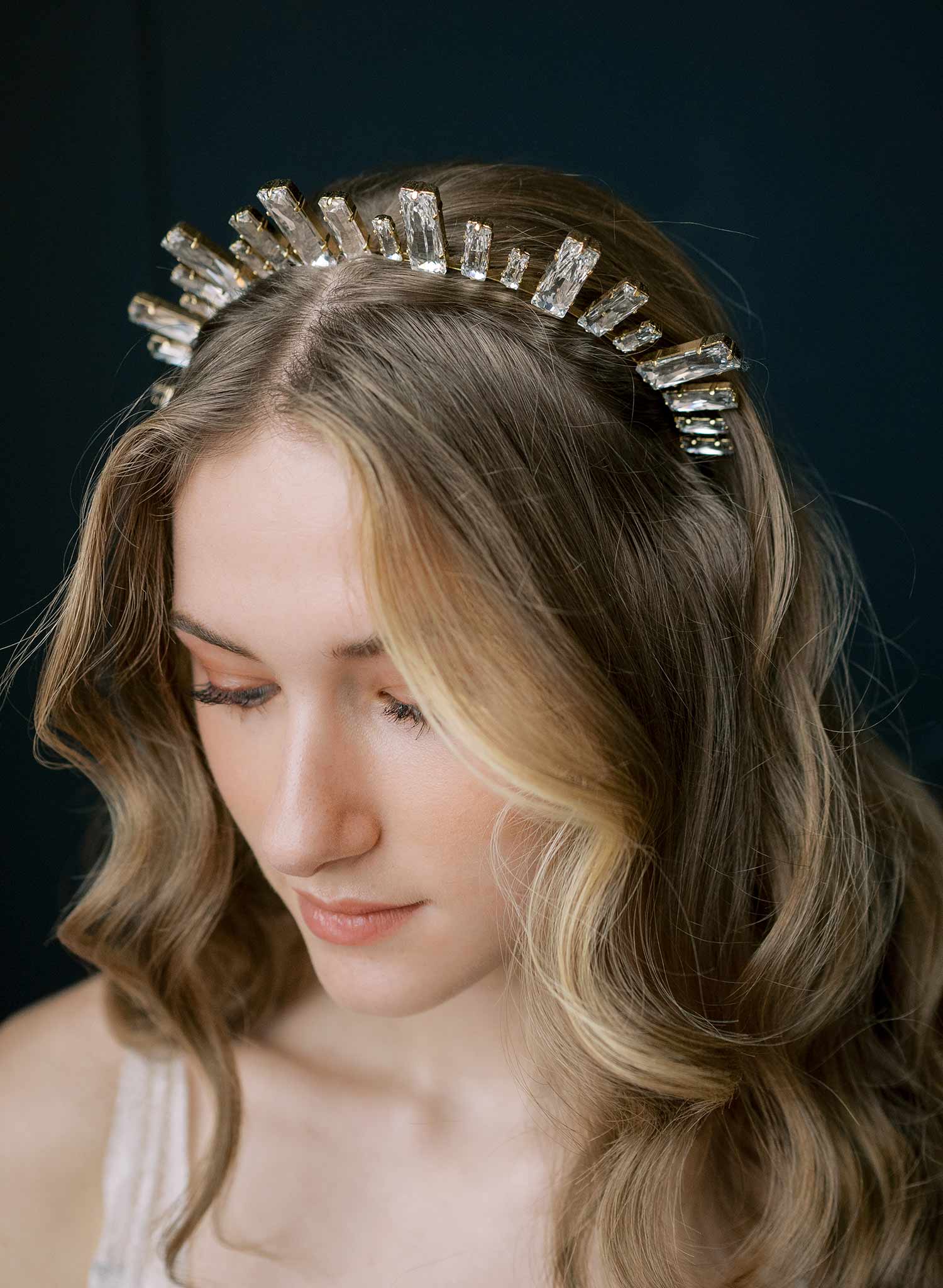 Baguette princess cut Austrian crystal bridal tiara, crown by Twigs and Honey.