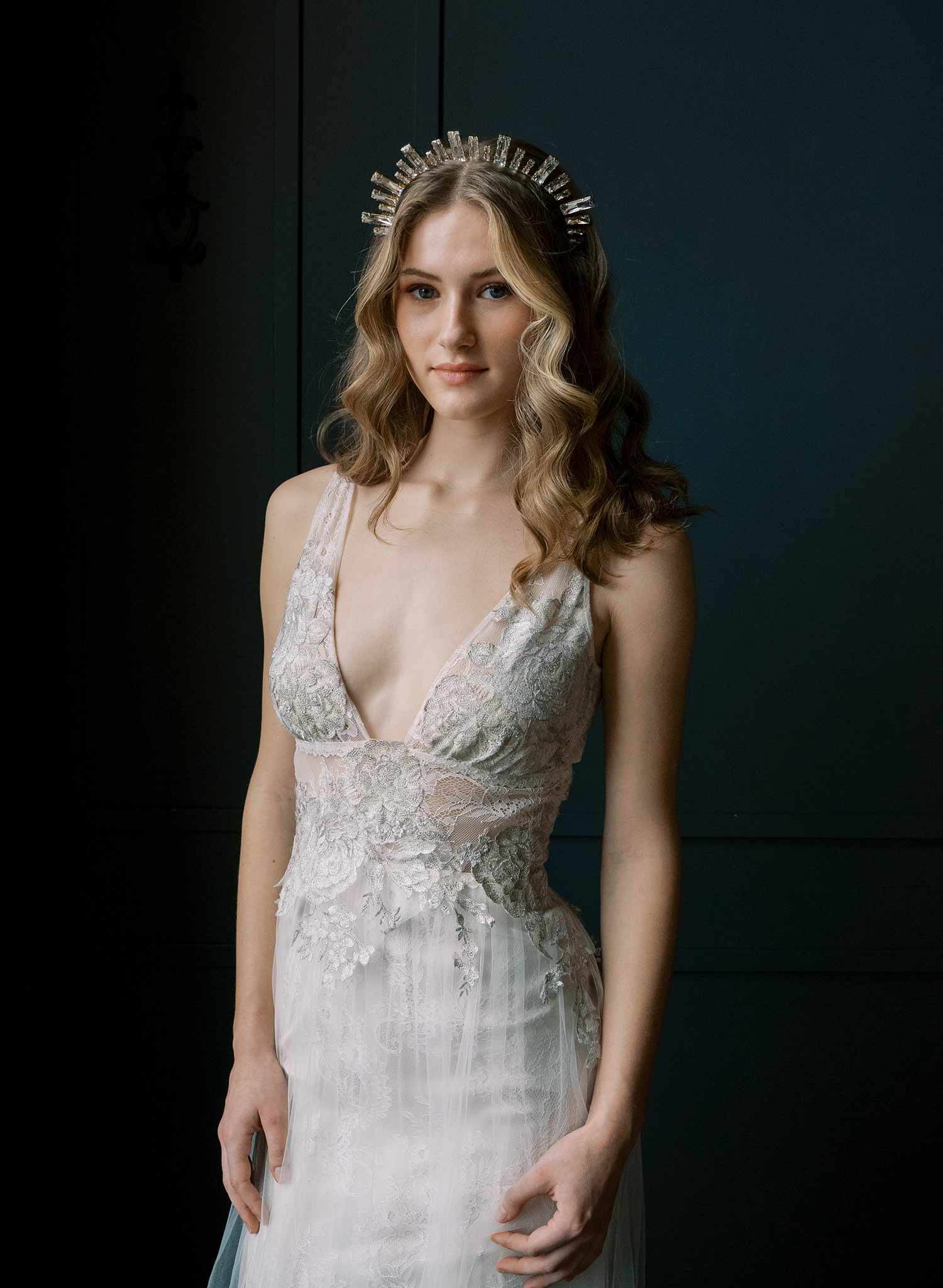 Baguette princess cut Austrian crystal bridal tiara, crown by Twigs and Honey.