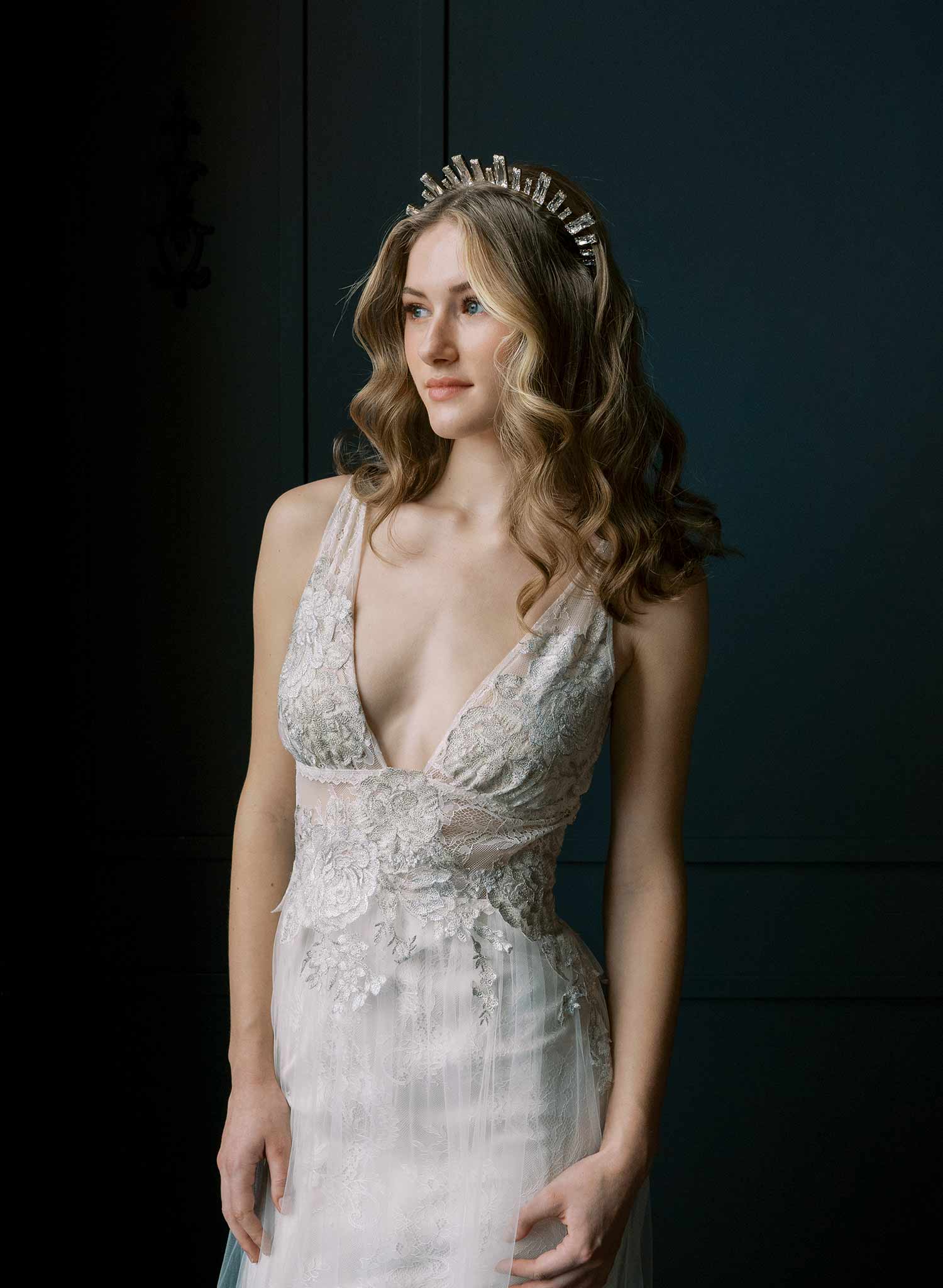 Baguette princess cut Austrian crystal bridal tiara, crown by Twigs and Honey.