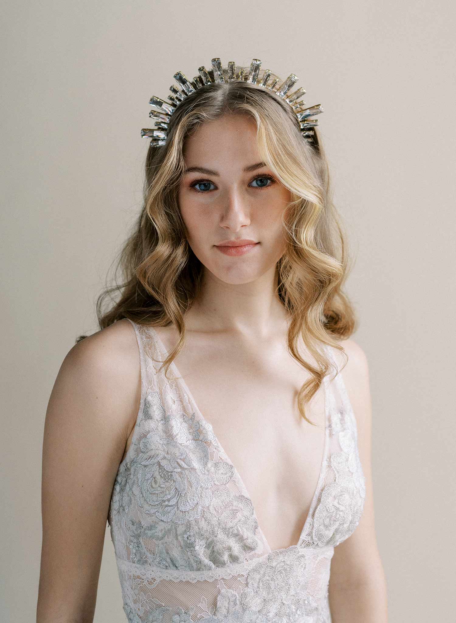 Baguette princess cut Austrian crystal bridal tiara, crown by Twigs and Honey.