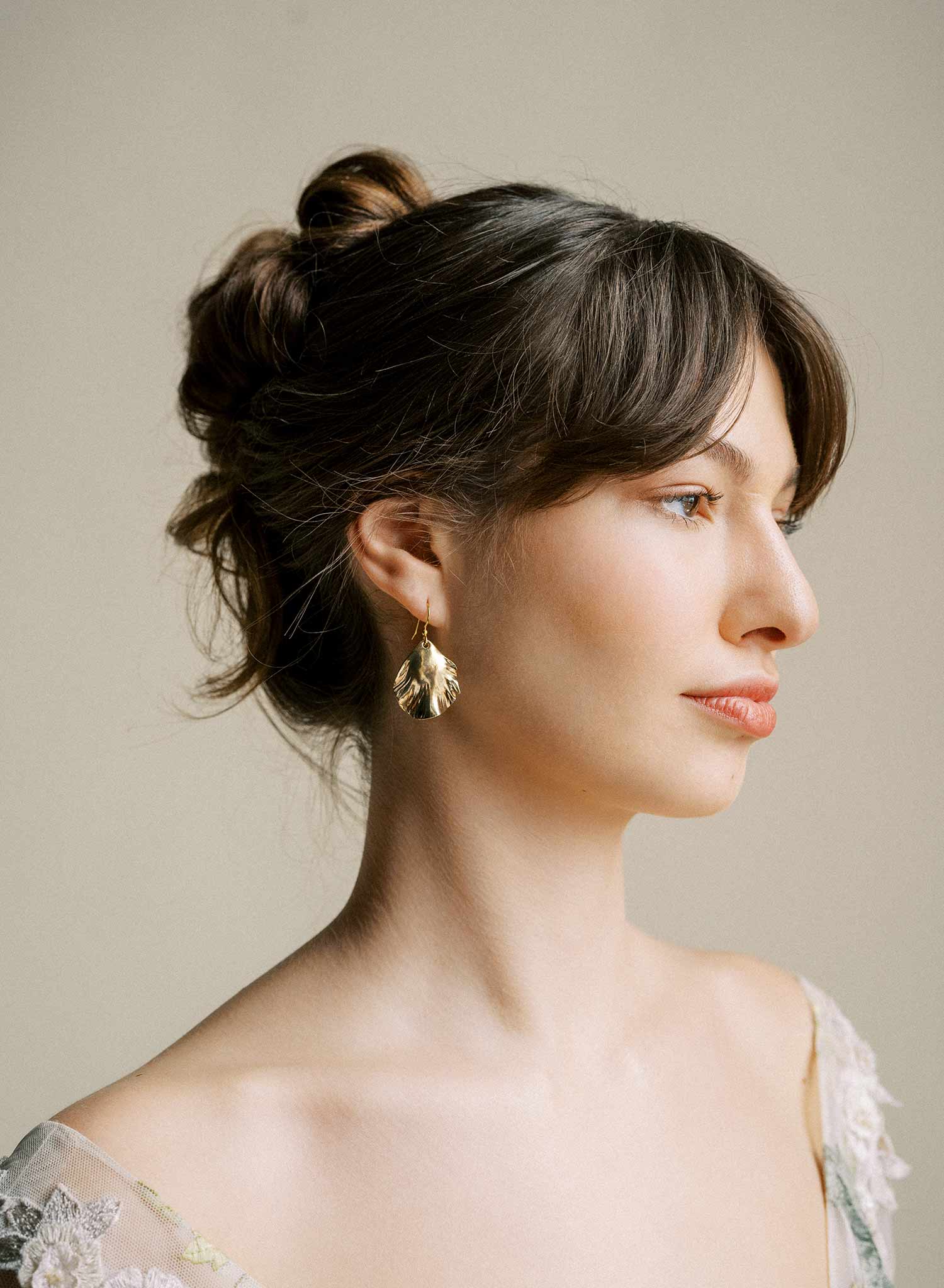 Hand sculpted bridal brass petal drop earrings, gold by Twigs and Honey