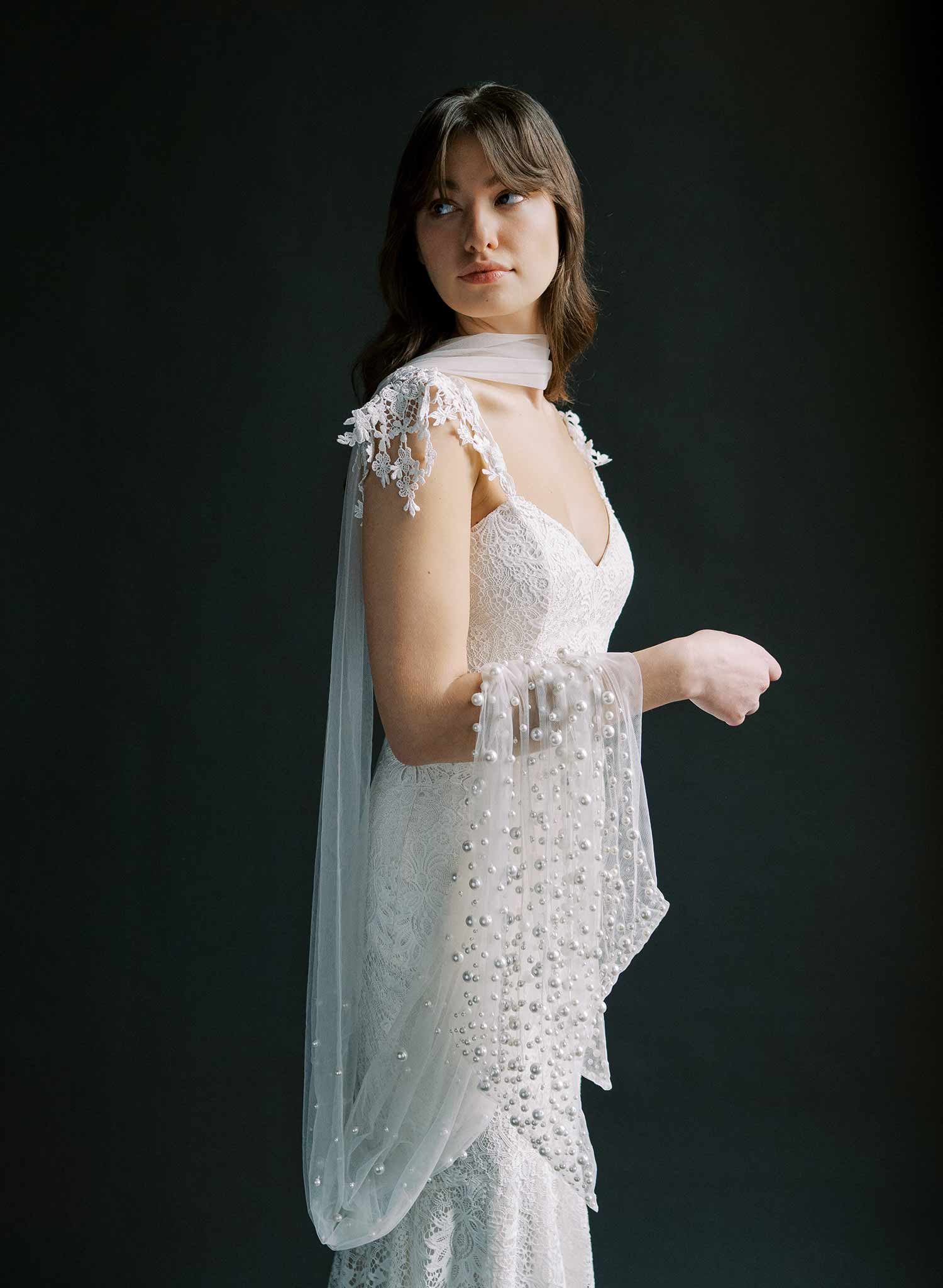 Embroidered bridal tulle scarf with scattered pearl beads. Wedding scarf, shawl.