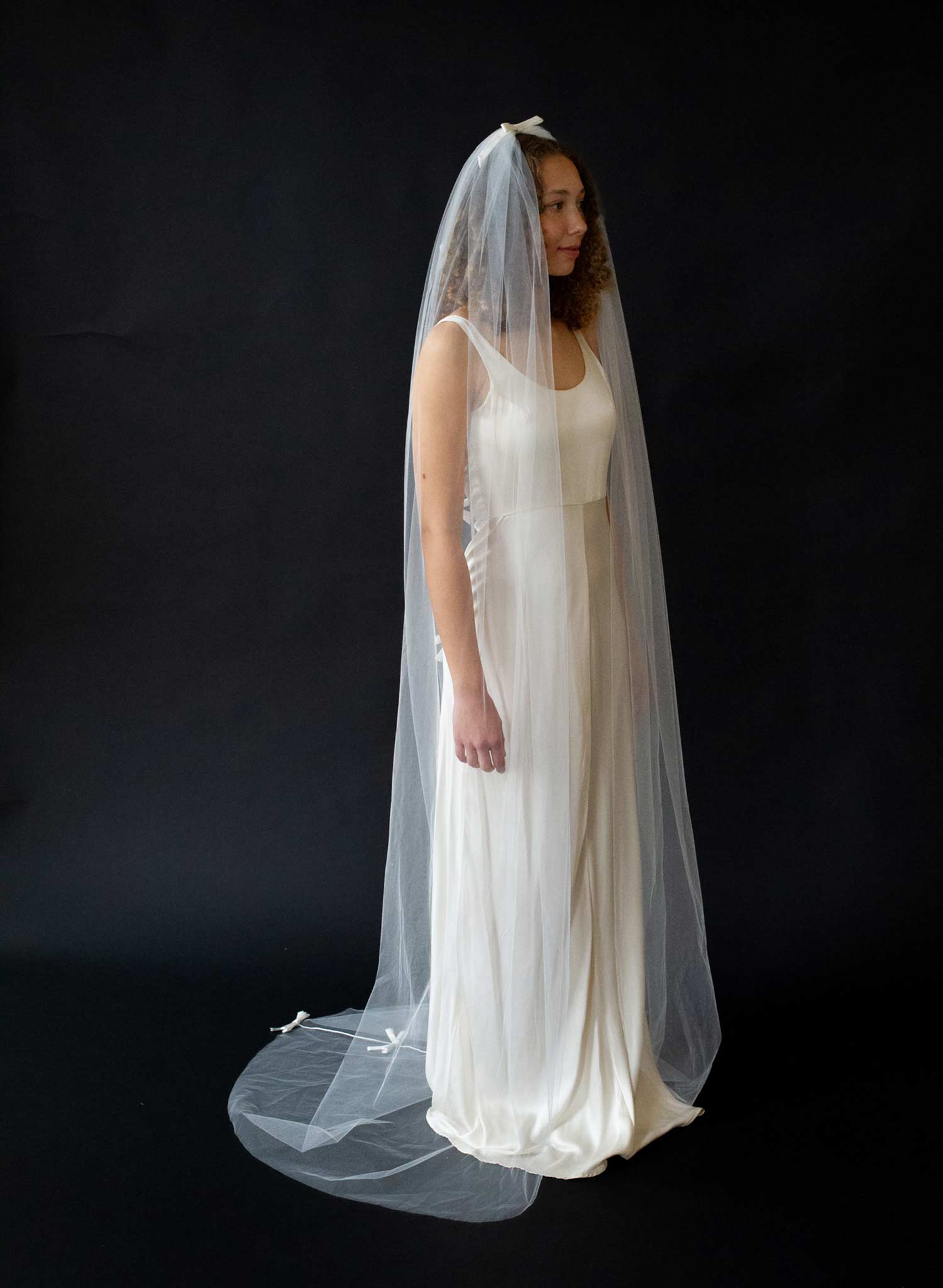 Seam back, Chapel veil with silk double bows  - Style #2601