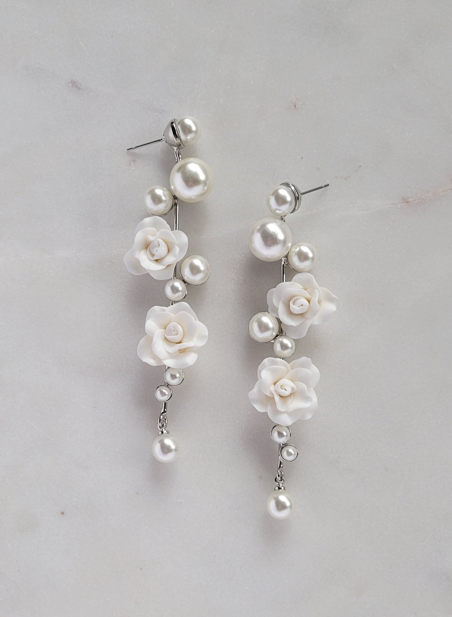 Sculped rose and pearl linear earrings - Style #2605