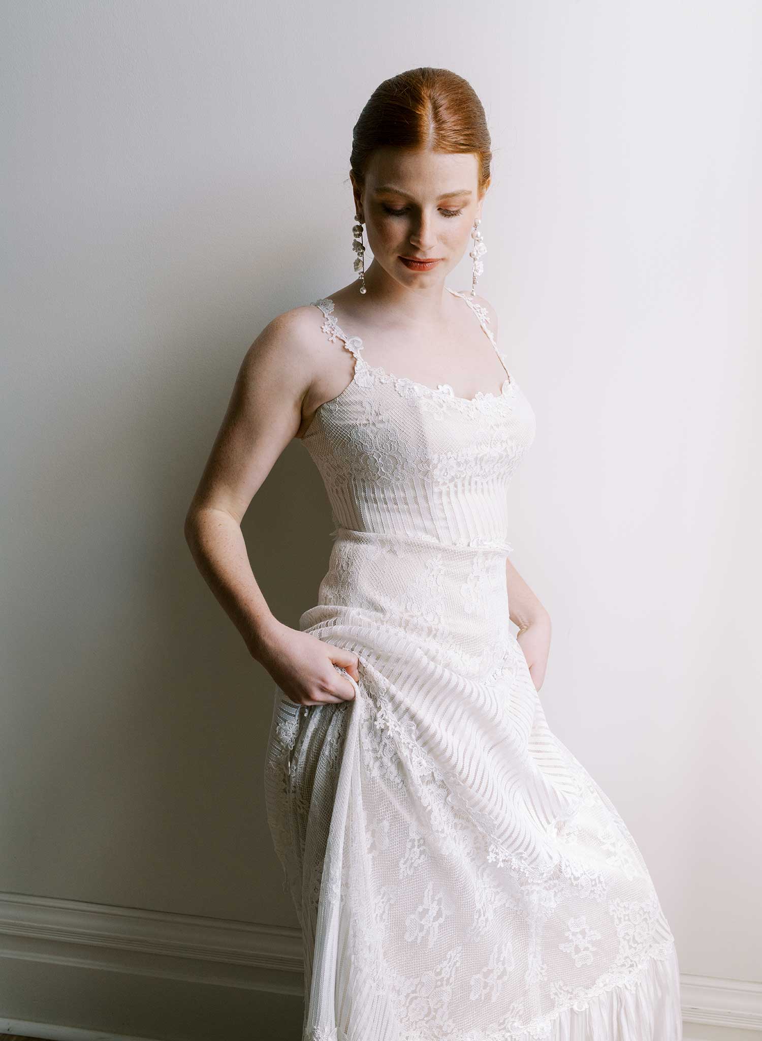 Sculped rose and pearl linear earrings - Style #2605