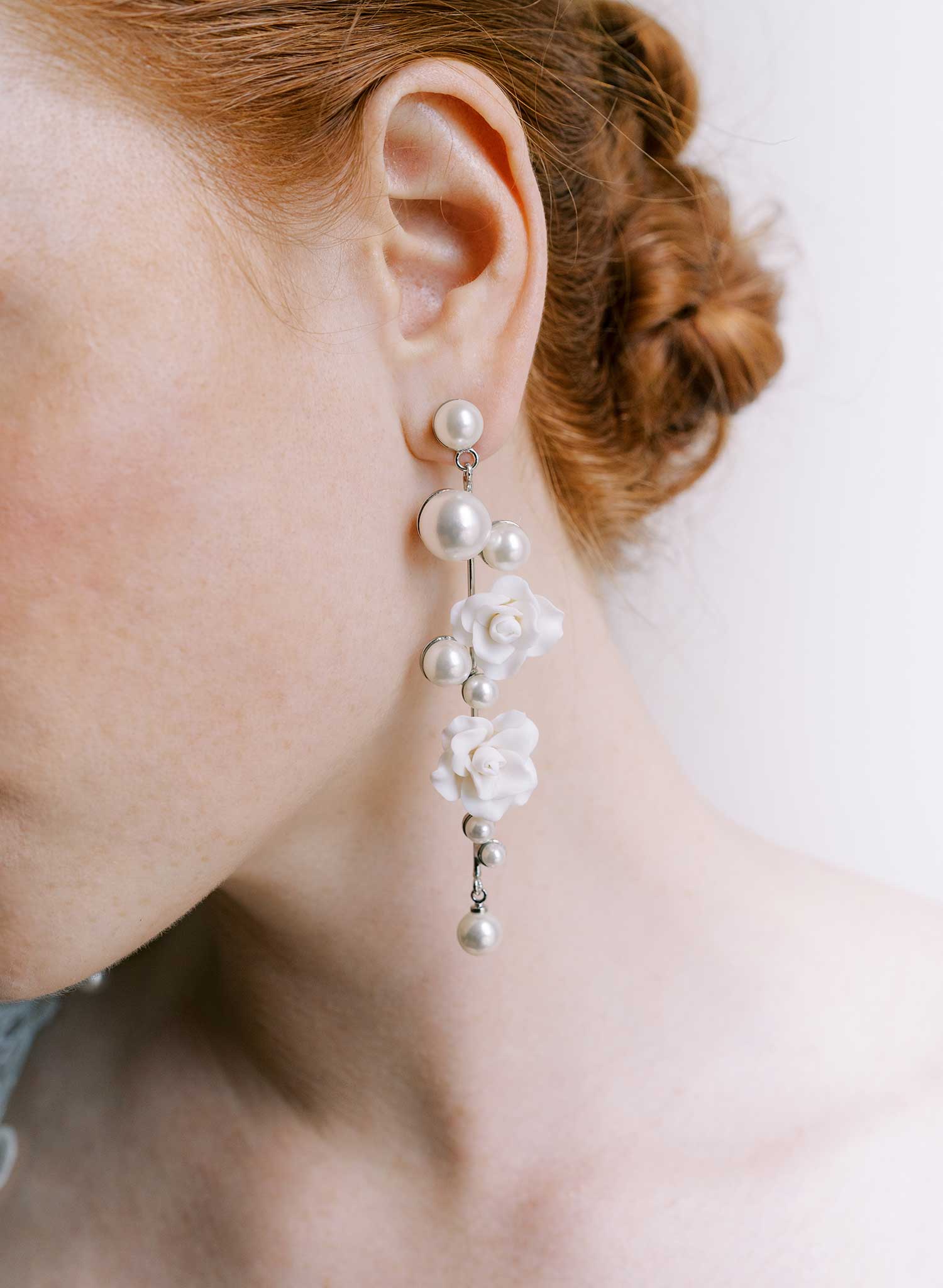 Sculped rose and pearl linear earrings - Style #2605