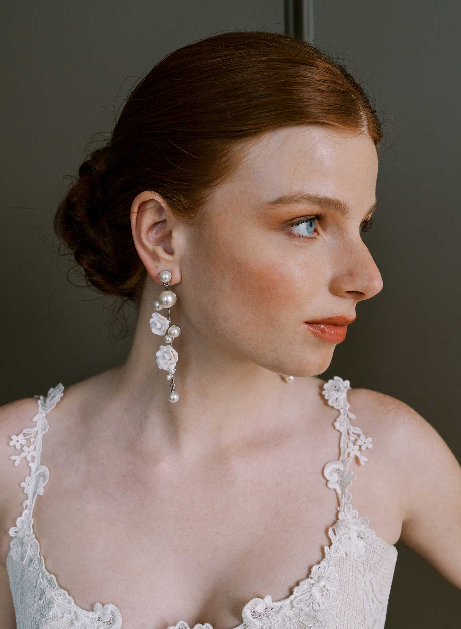 Sculped rose and pearl linear earrings - Style #2605