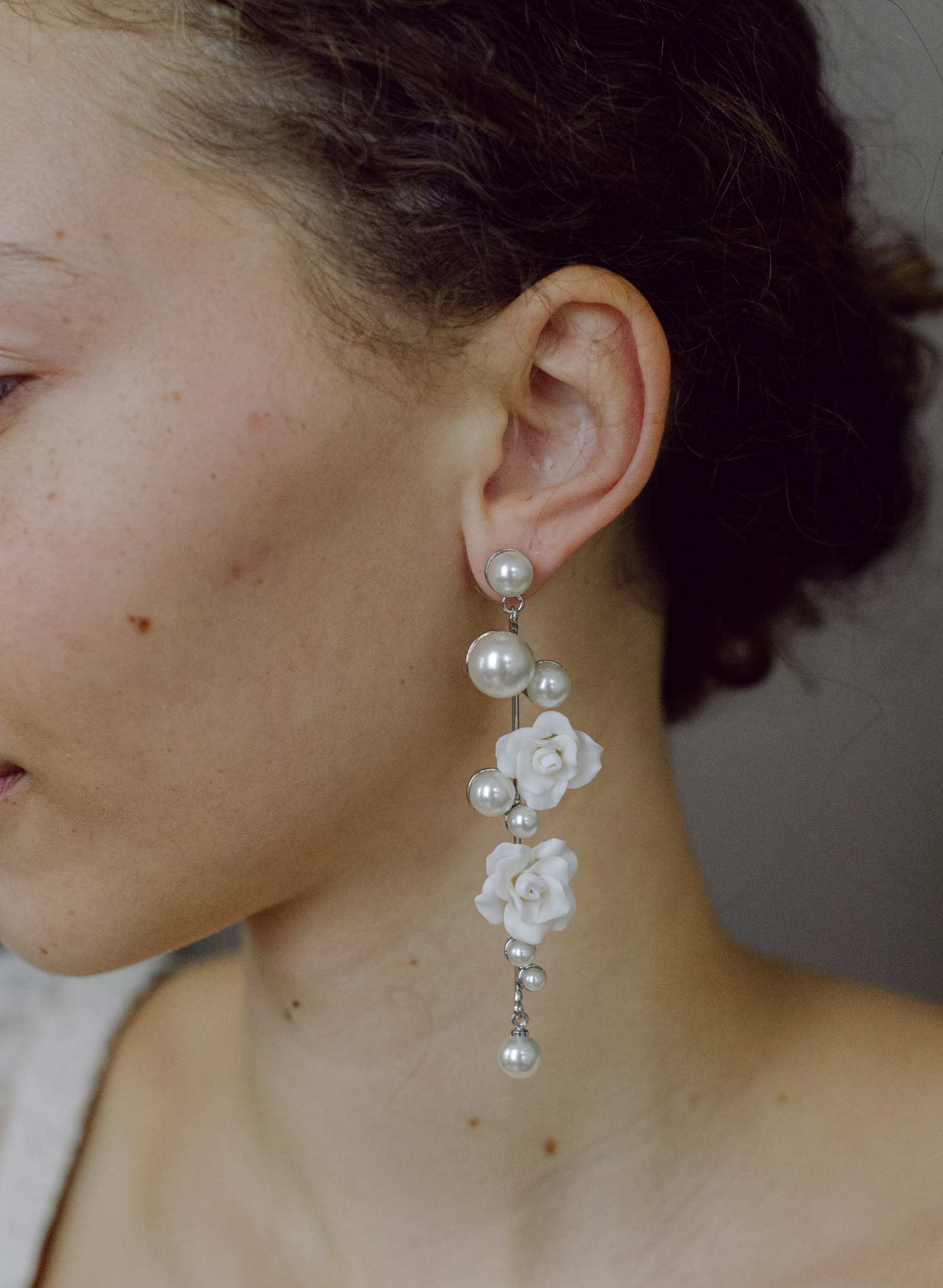 Sculped rose and pearl linear earrings - Style #2605