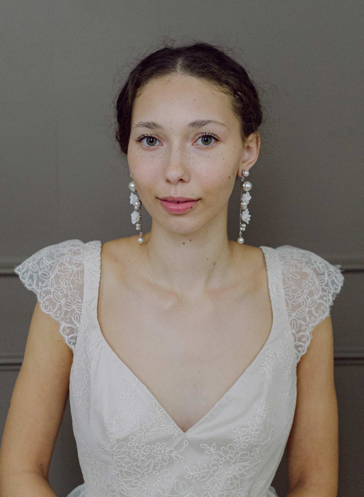 Sculped rose and pearl linear earrings - Style #2605