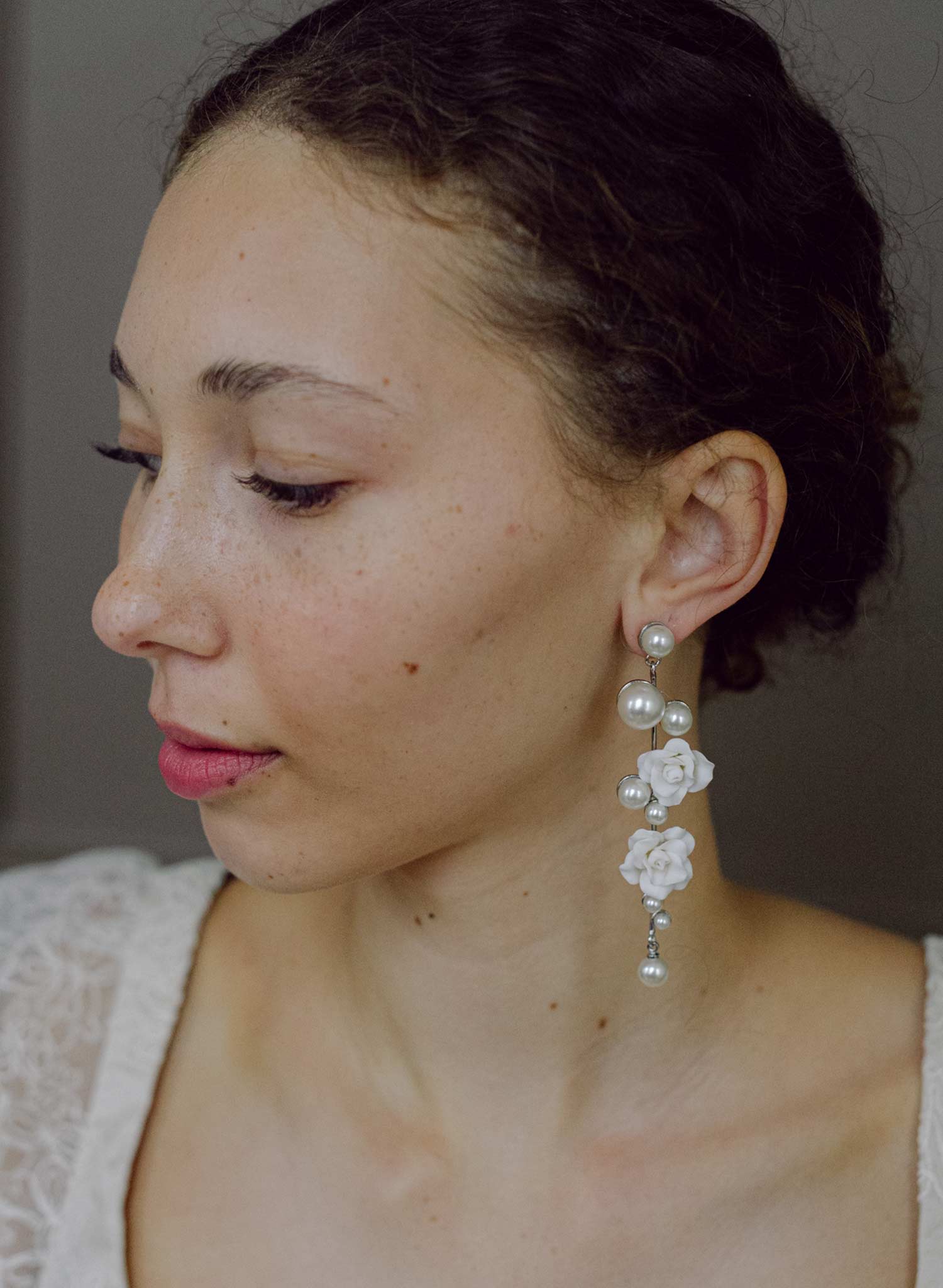 Sculped rose and pearl linear earrings - Style #2605