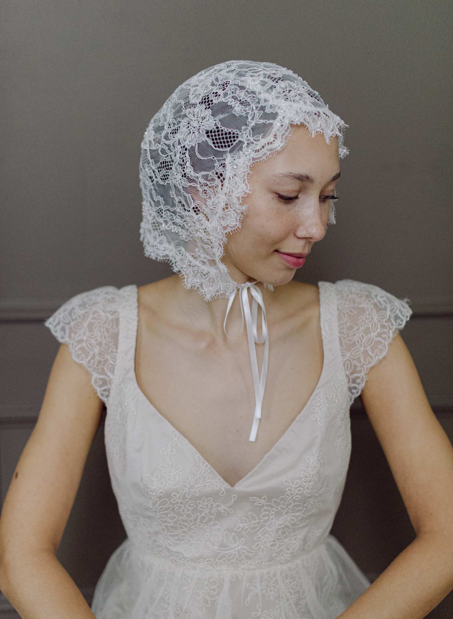 Bridal lace bonnet with silk ties - Style #2632