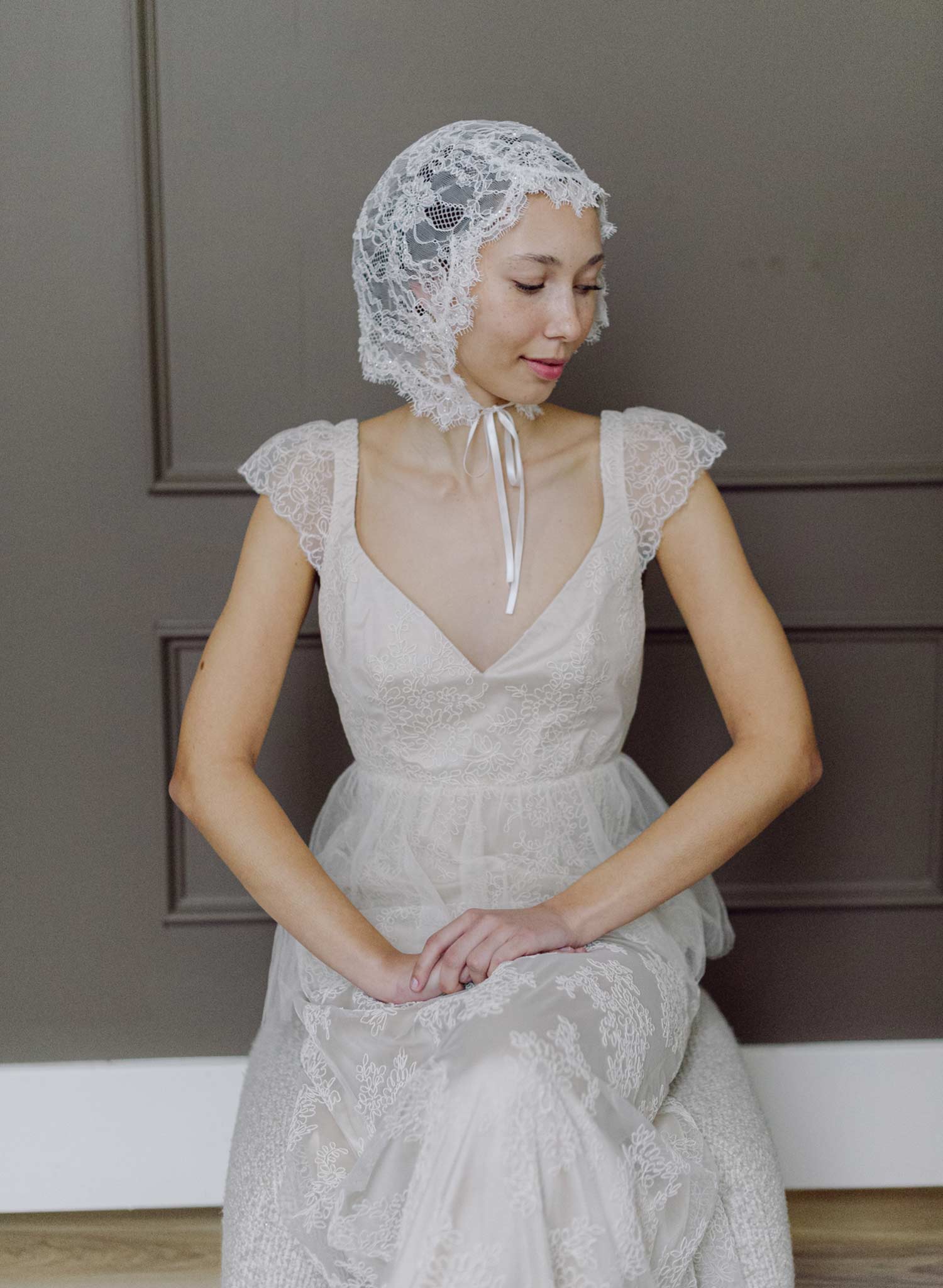 Bridal lace bonnet with silk ties - Style #2632