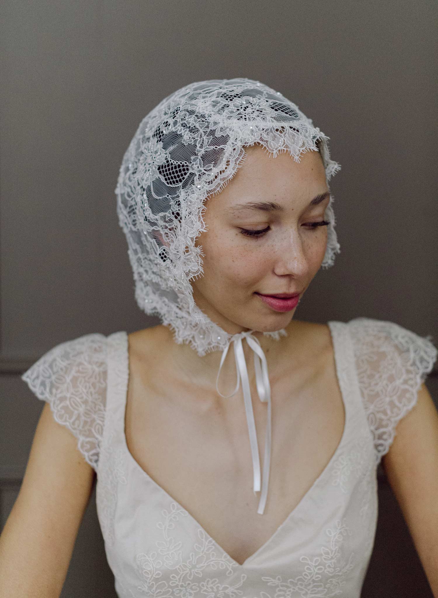 Bridal lace bonnet with silk ties - Style #2632