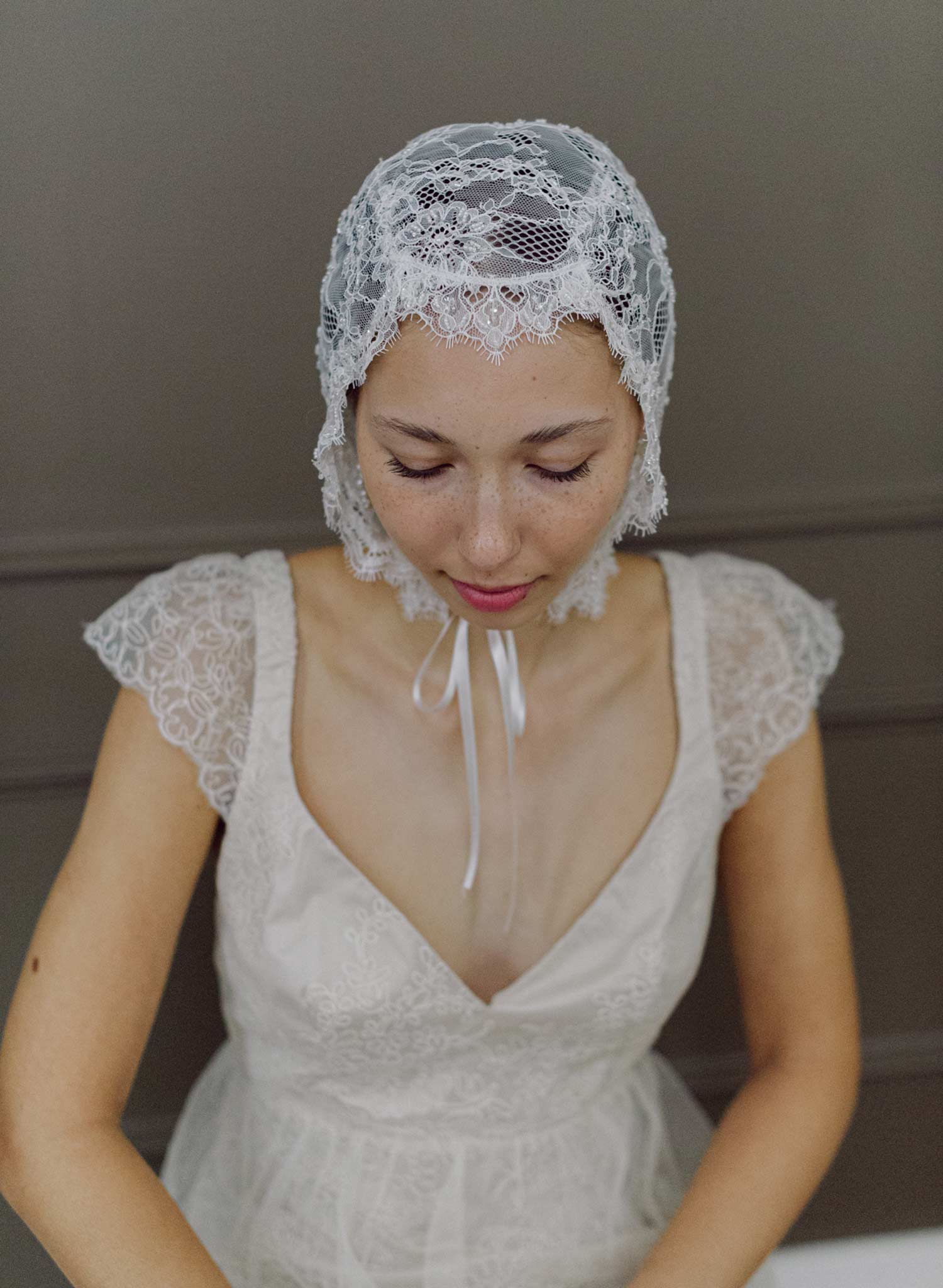 Bridal lace bonnet with silk ties - Style #2632