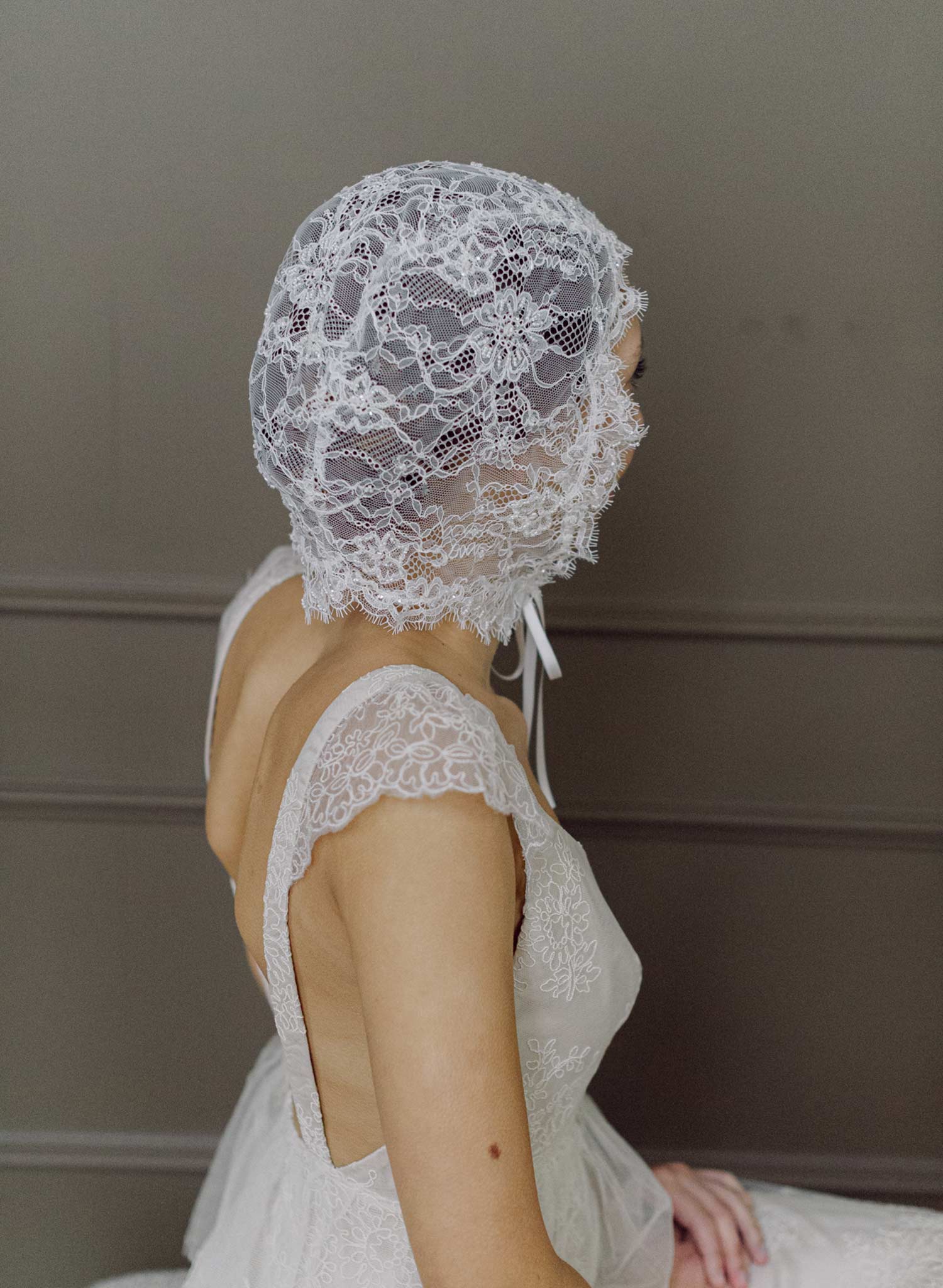 Bridal lace bonnet with silk ties - Style #2632
