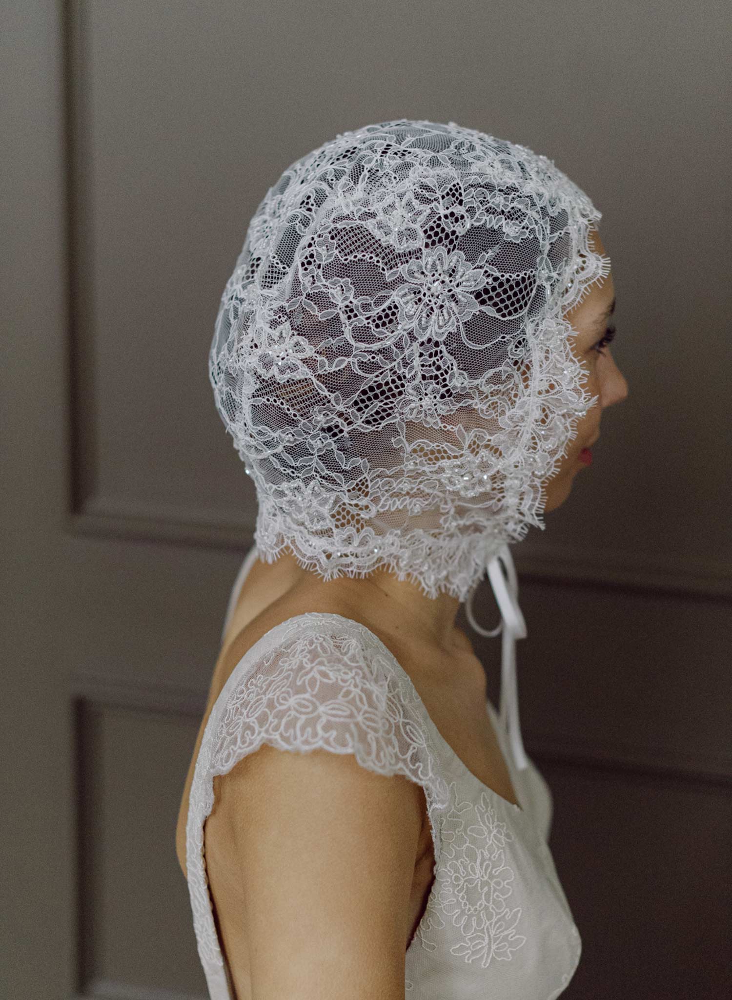 Bridal lace bonnet with silk ties - Style #2632