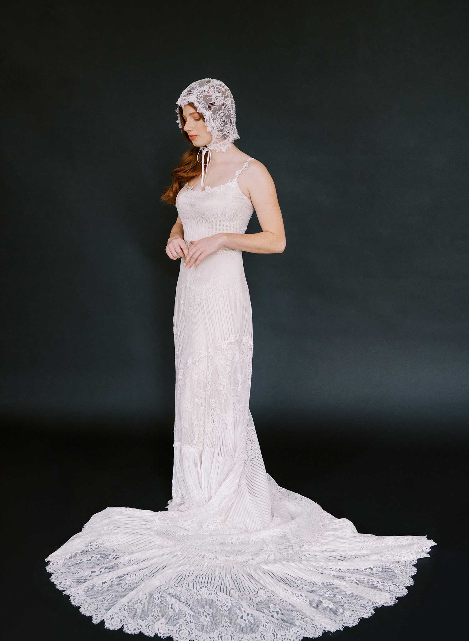 Bridal lace bonnet with silk ties - Style #2632