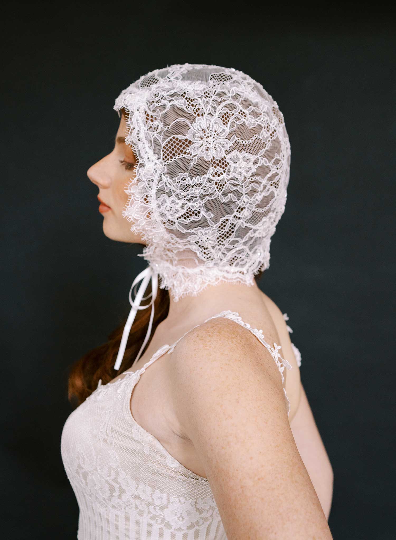 Bridal lace bonnet with silk ties - Style #2632