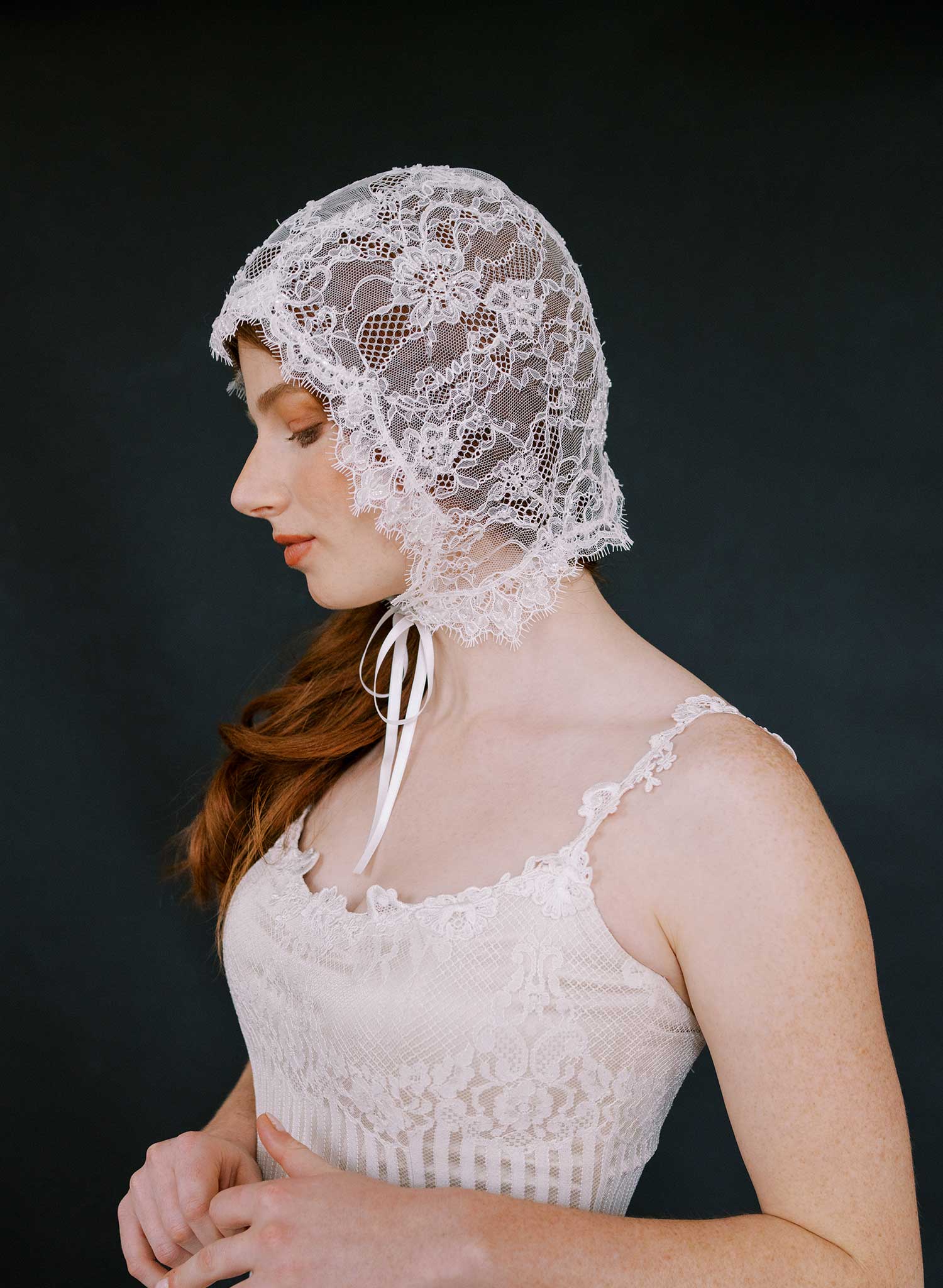 Bridal lace bonnet with silk ties - Style #2632