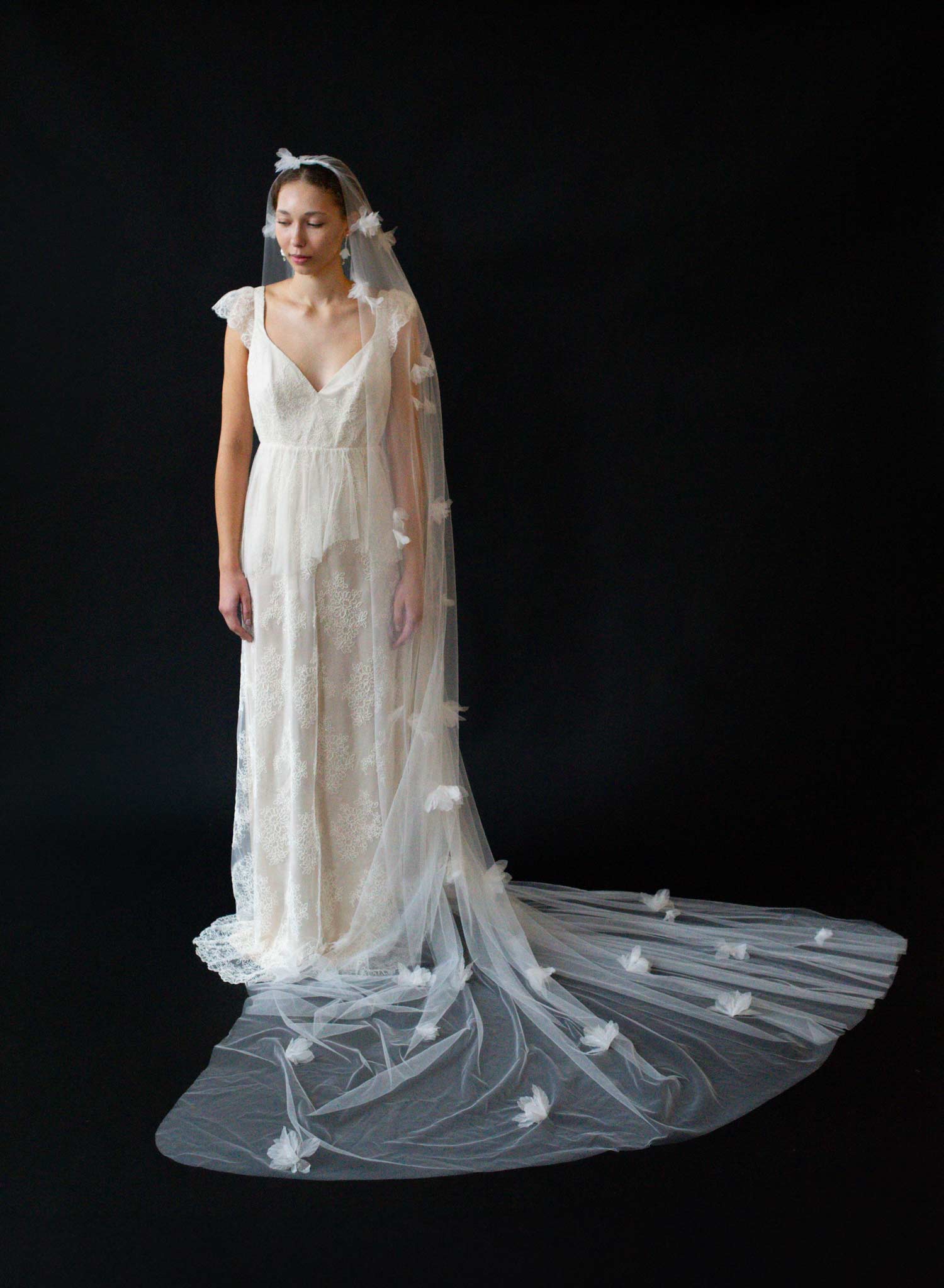 Wispy silk blossoms wide bridal mantilla veil - Style #2634