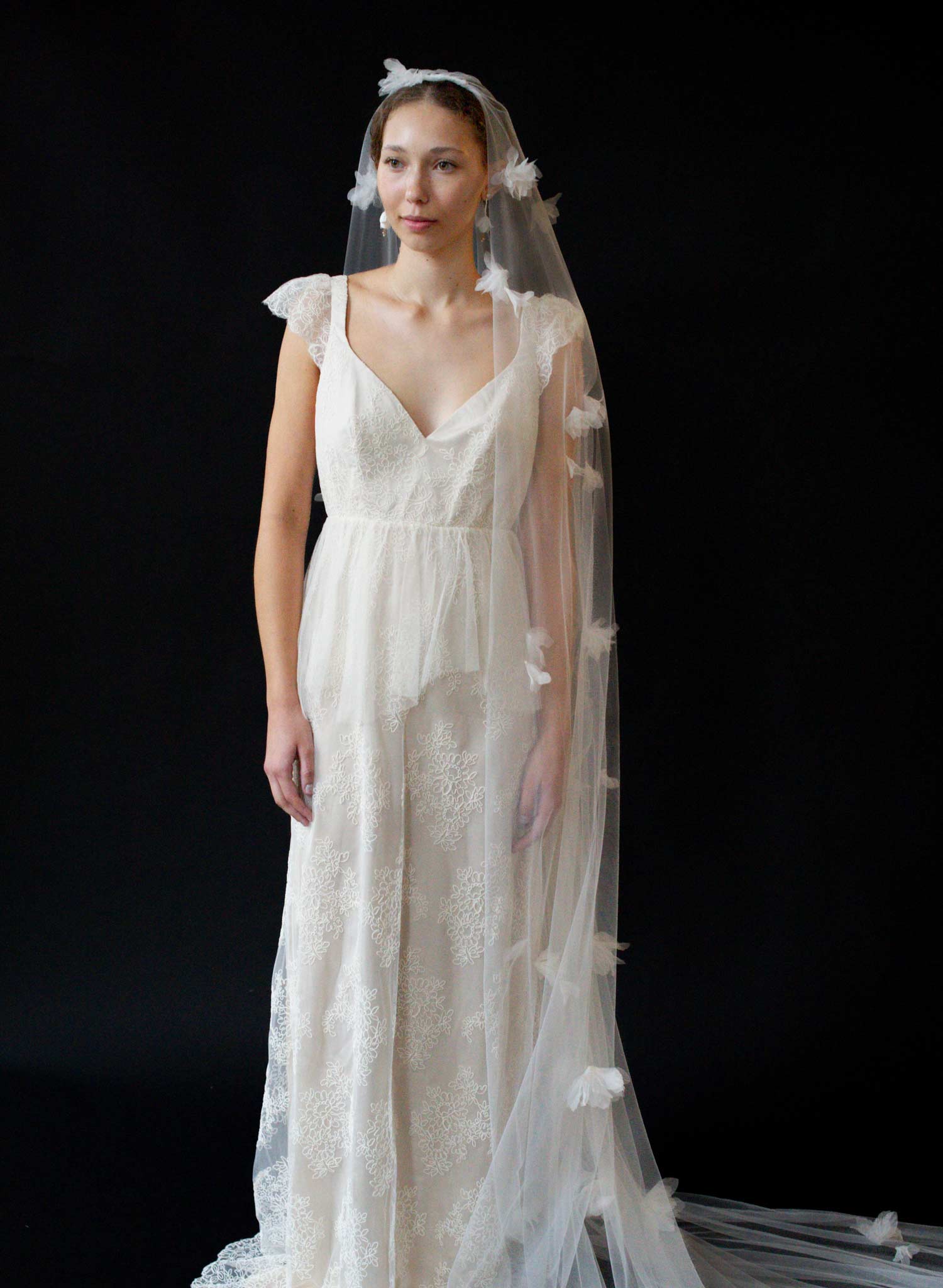 Wispy silk blossoms wide bridal mantilla veil - Style #2634