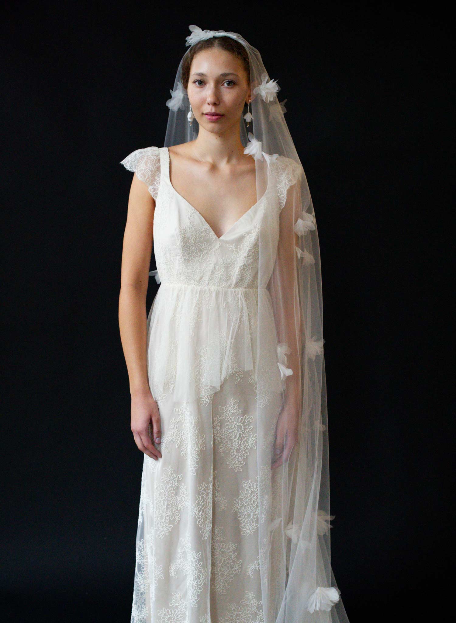 Wispy silk blossoms wide bridal mantilla veil - Style #2634