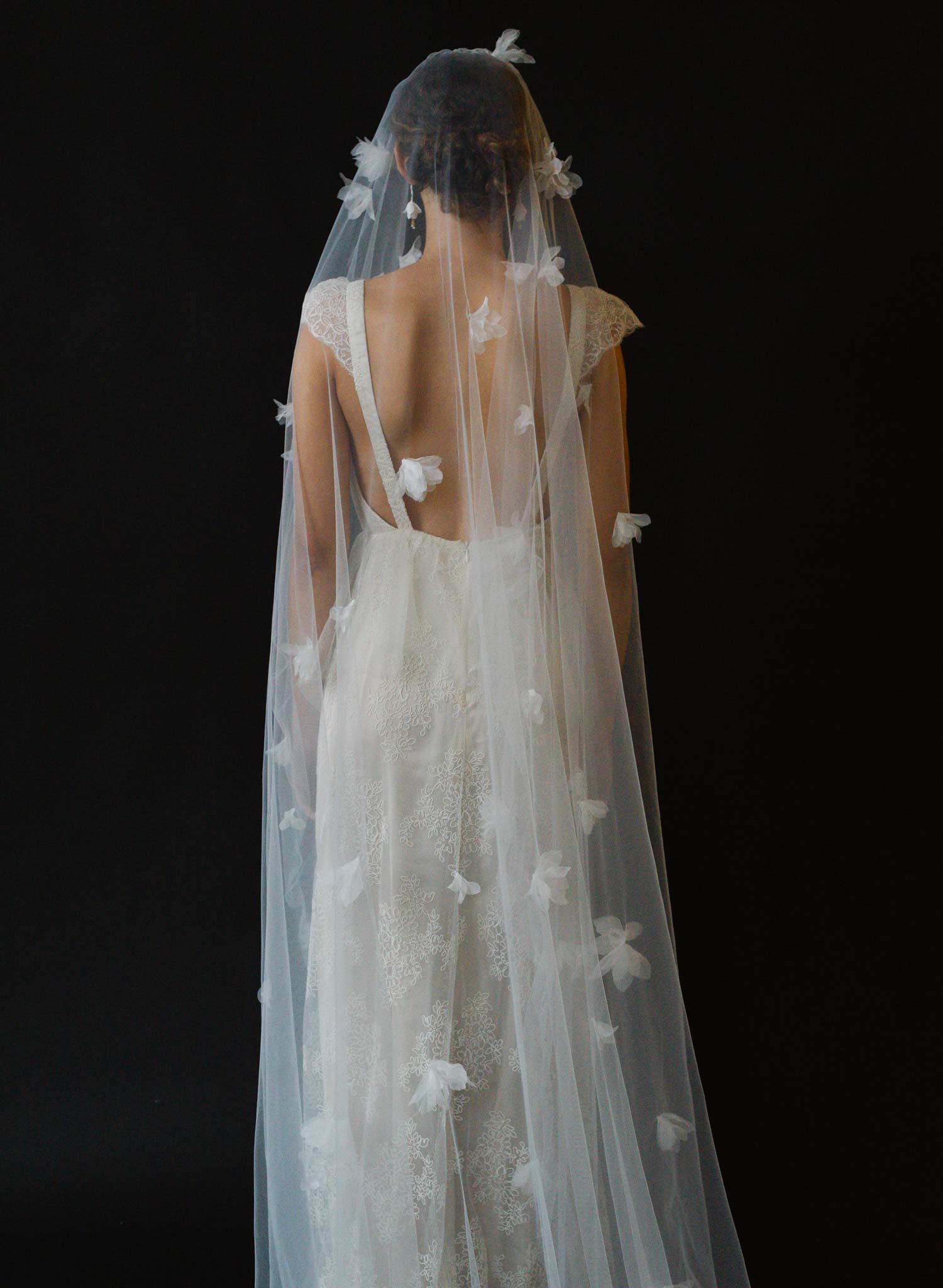 Wispy silk blossoms wide bridal mantilla veil - Style #2634