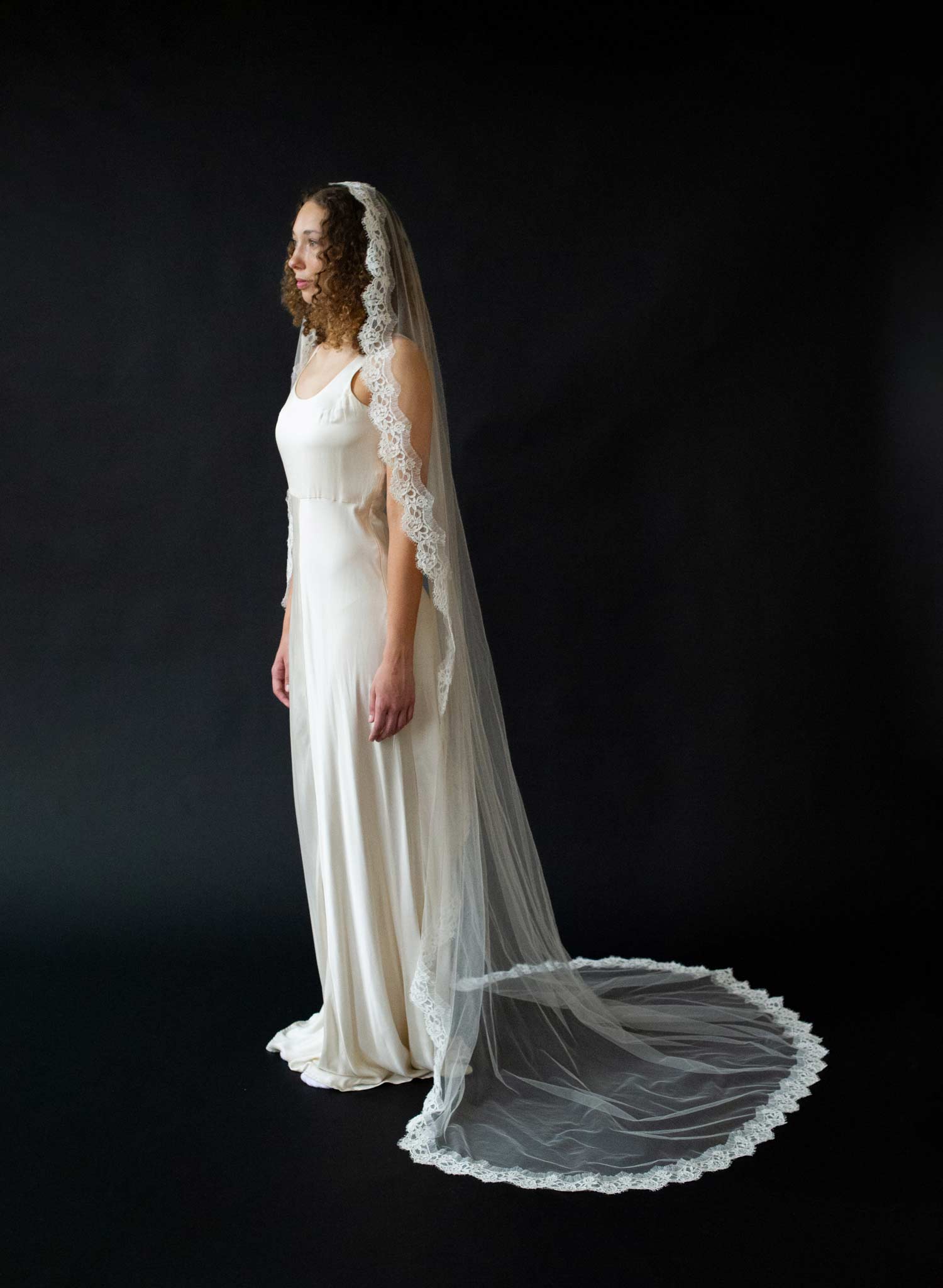 French lace ribbon embroidery train veil - Style #2635