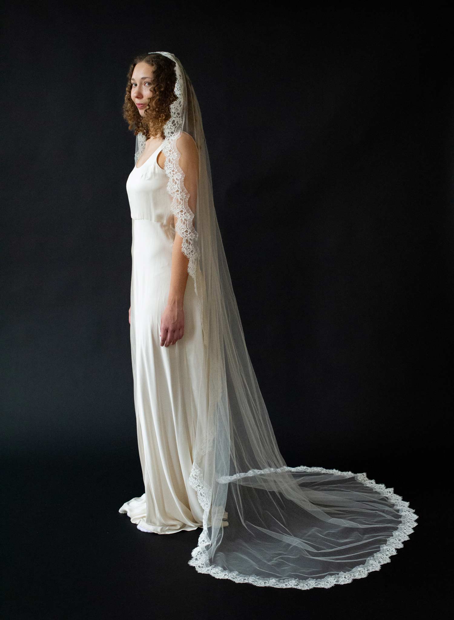 French lace ribbon embroidery train veil - Style #2635