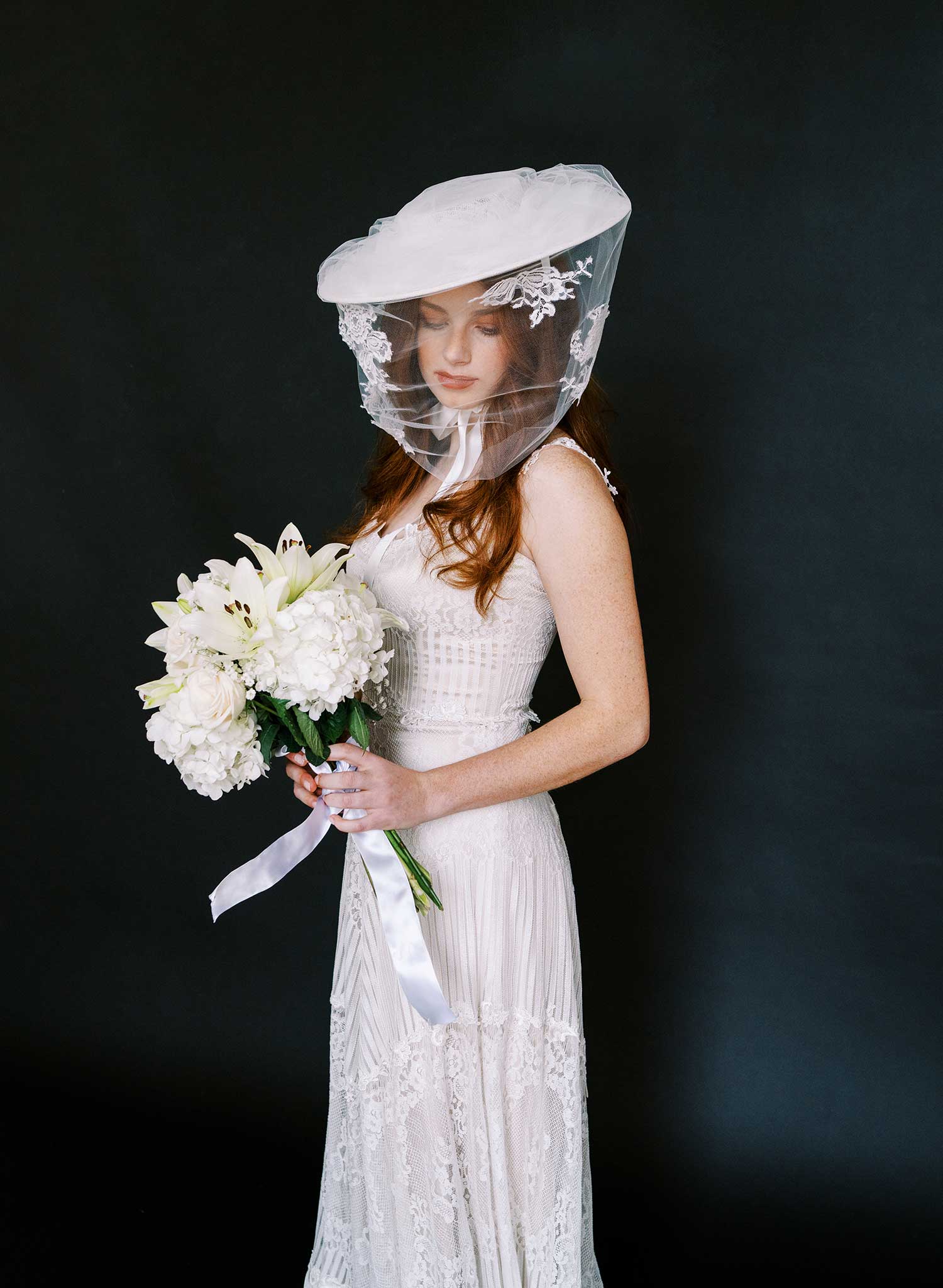 Straw bridal hat with silk ribbon tie and veil - Style #2637
