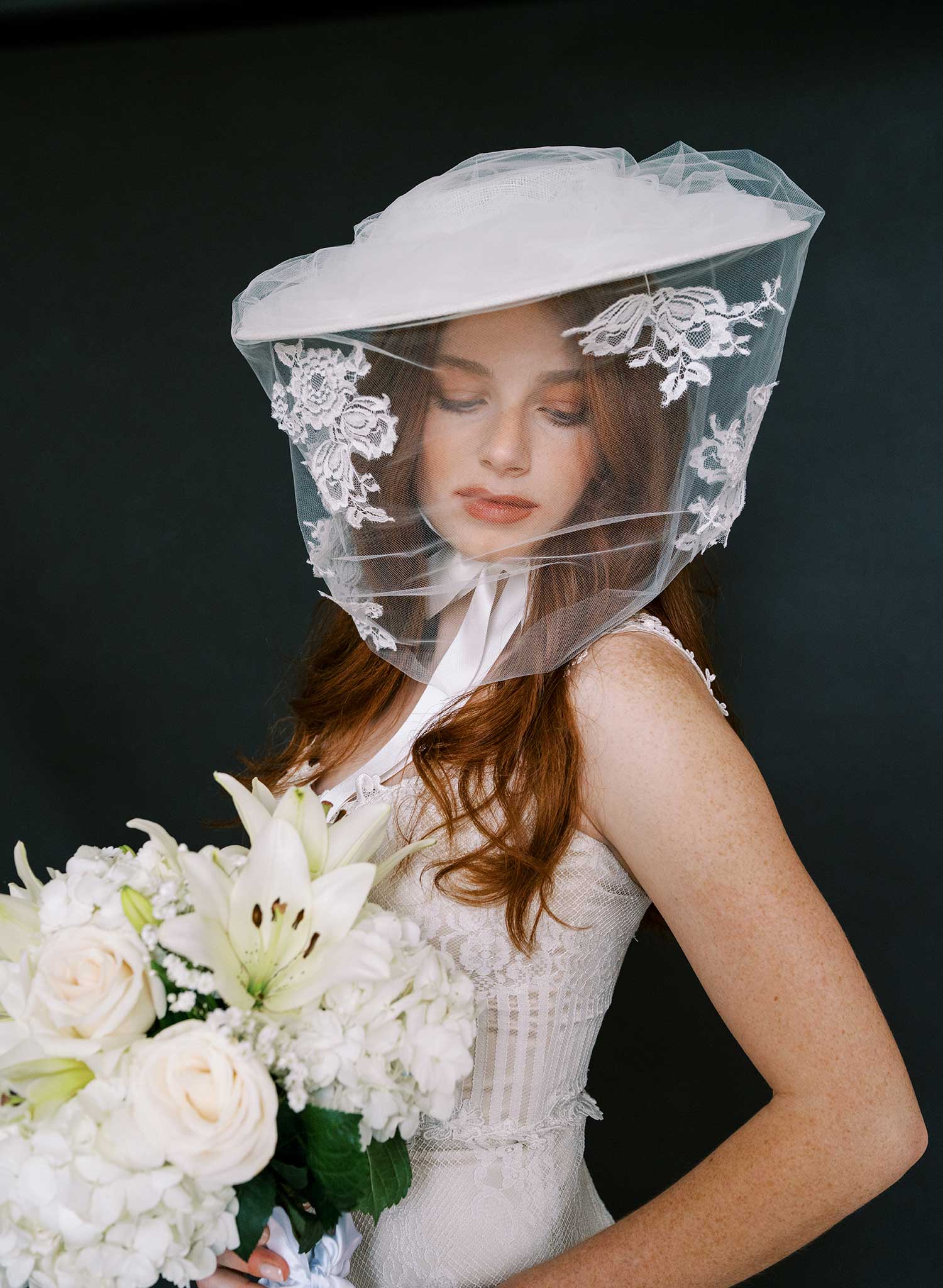 Straw bridal hat with silk ribbon tie and veil - Style #2637