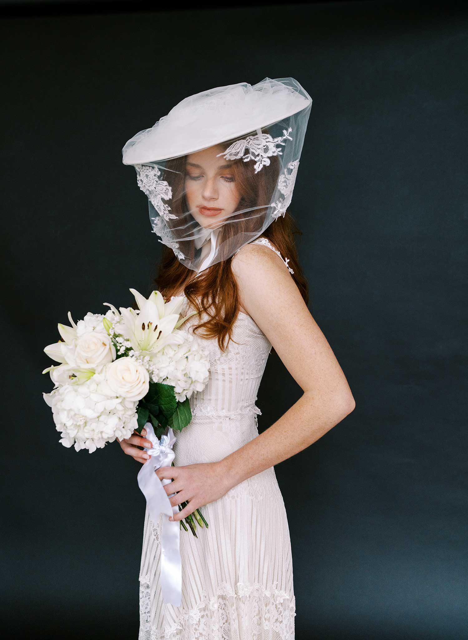 Straw bridal hat with silk ribbon tie and veil - Style #2637