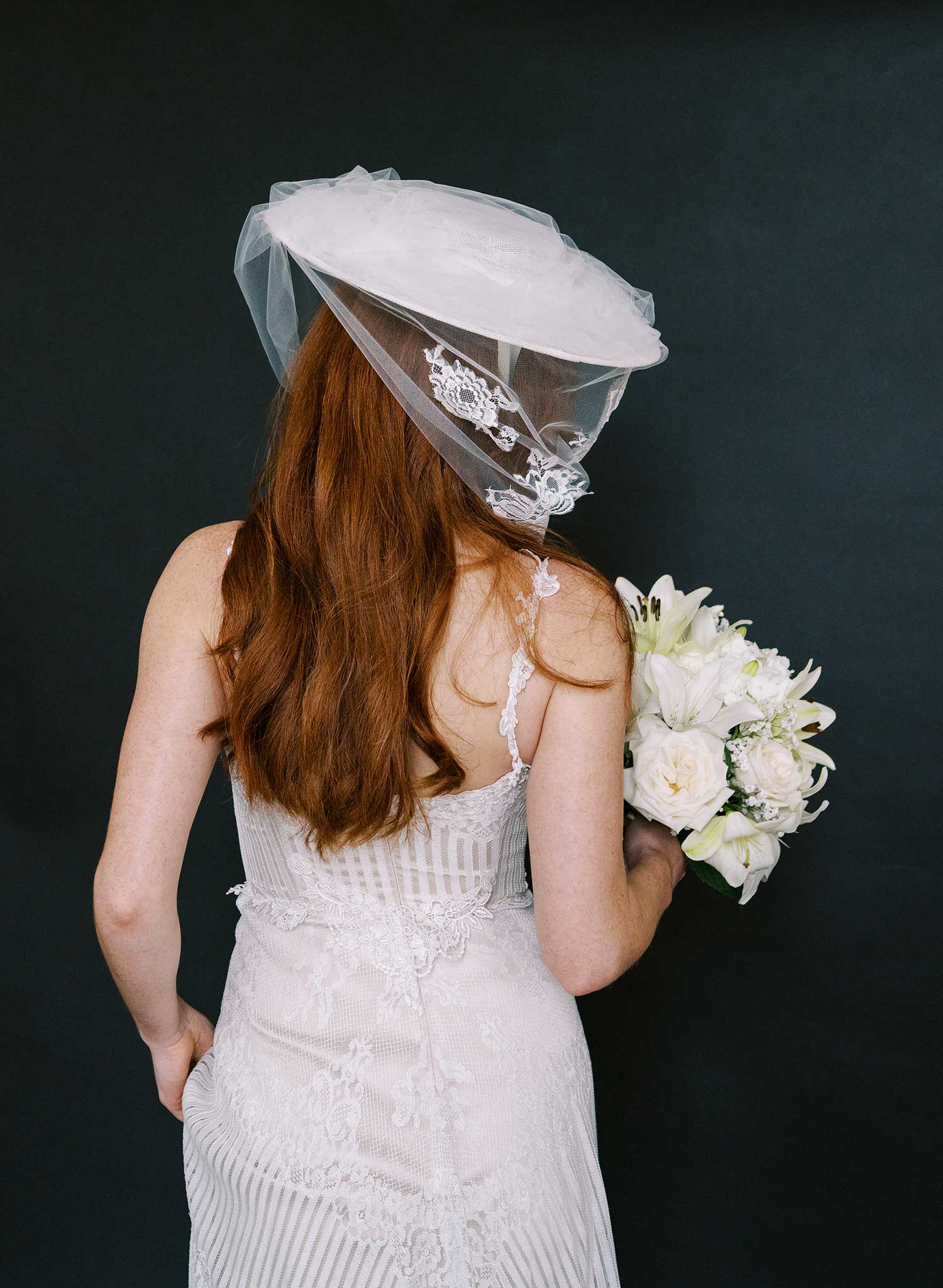 Straw bridal hat with silk ribbon tie and veil - Style #2637