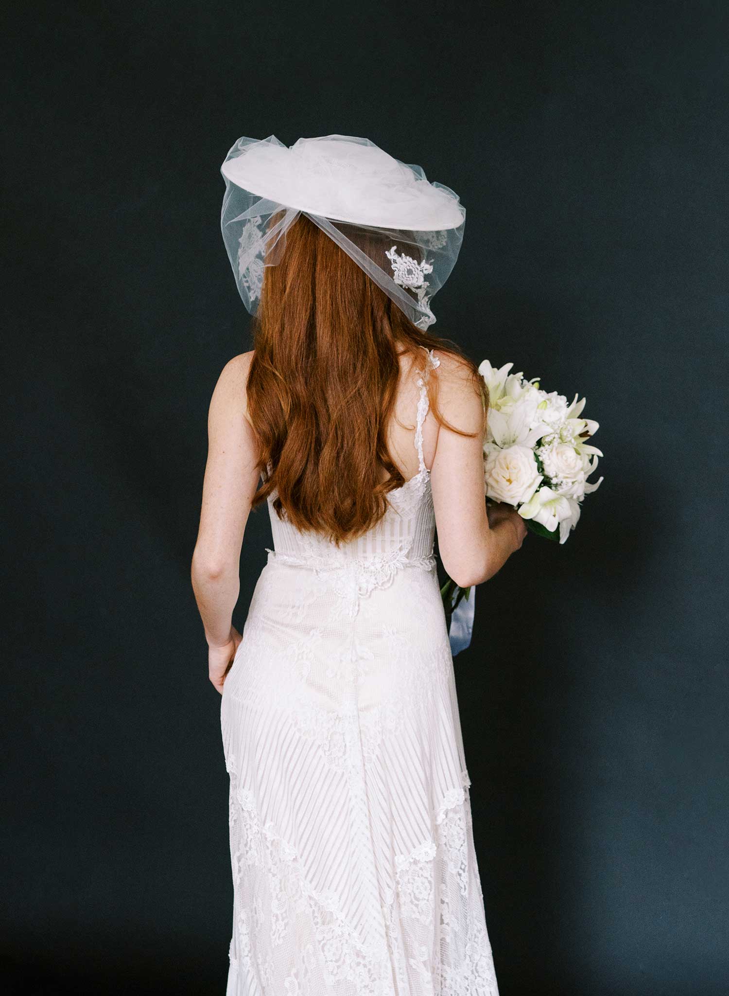 Straw bridal hat with silk ribbon tie and veil - Style #2637