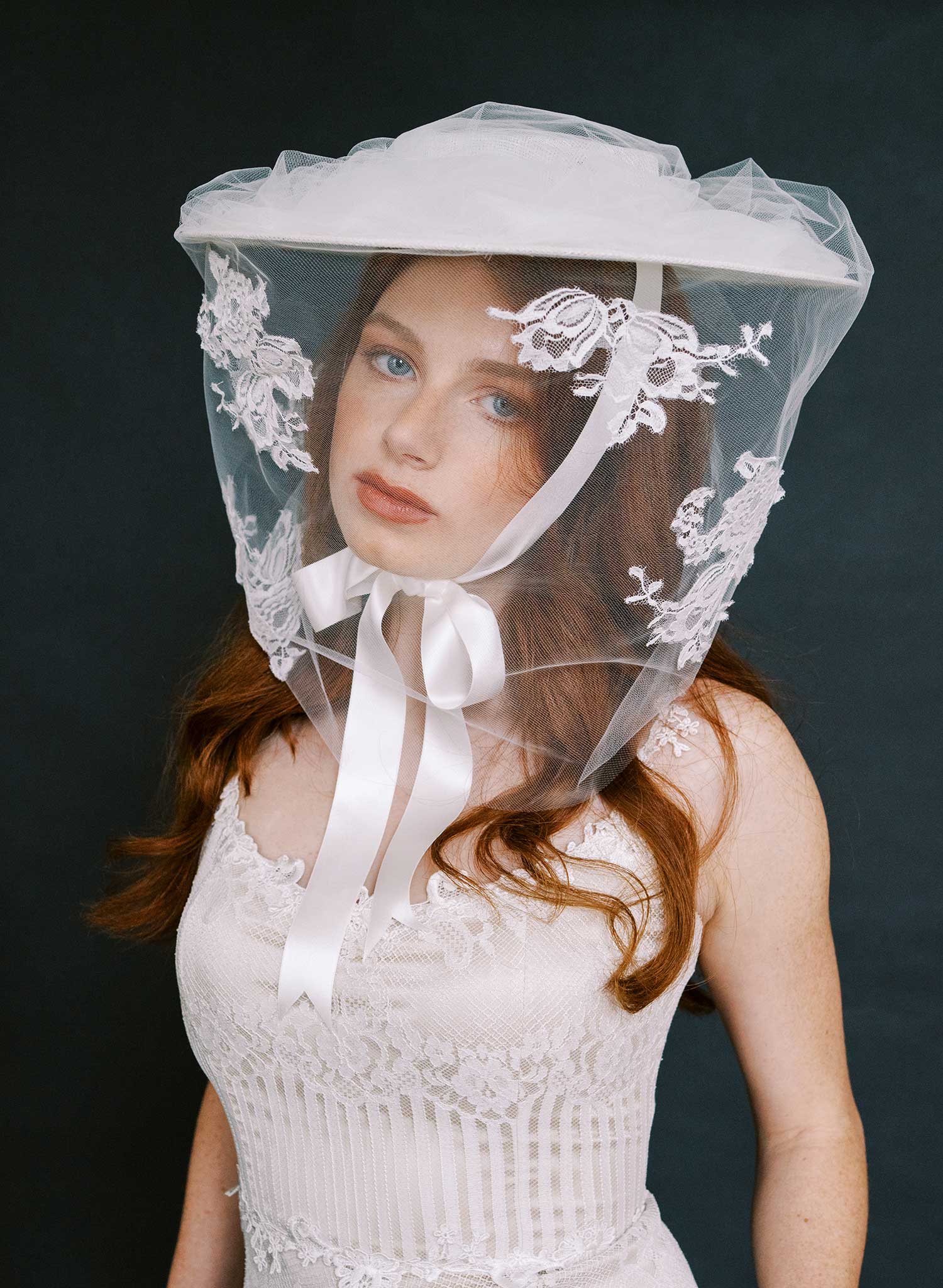 Straw bridal hat with silk ribbon tie and veil - Style #2637