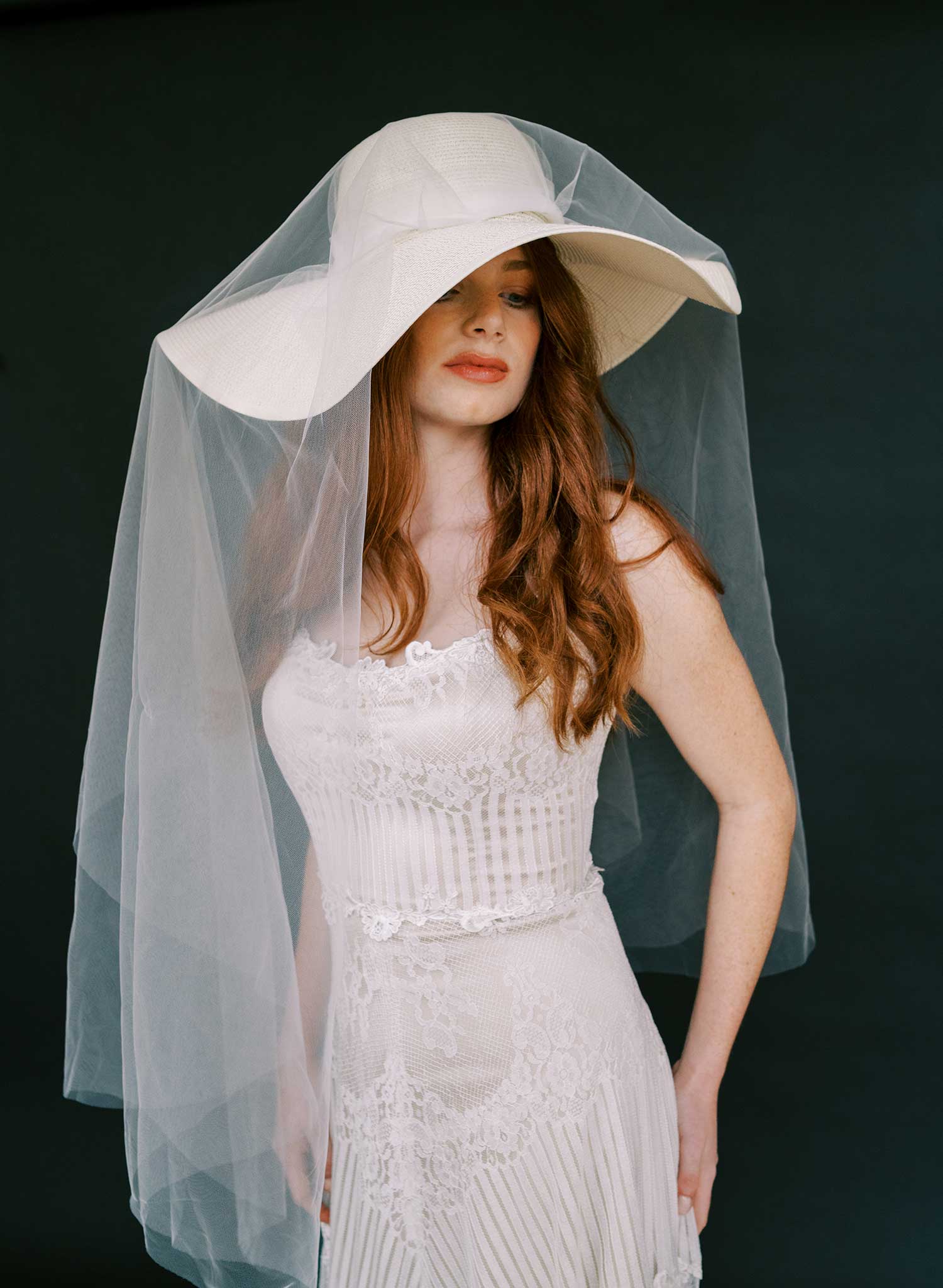 Wide straw bridal hat with chapel veil - Style #2638