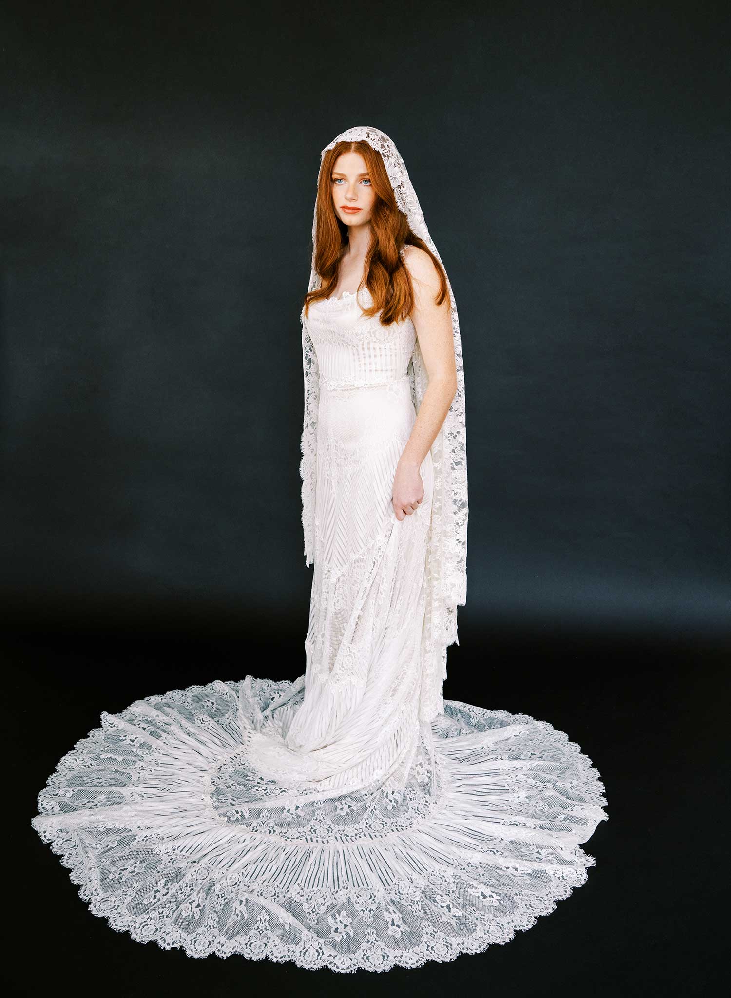 Allover French lace mantilla veil, short chapel - Style #2641