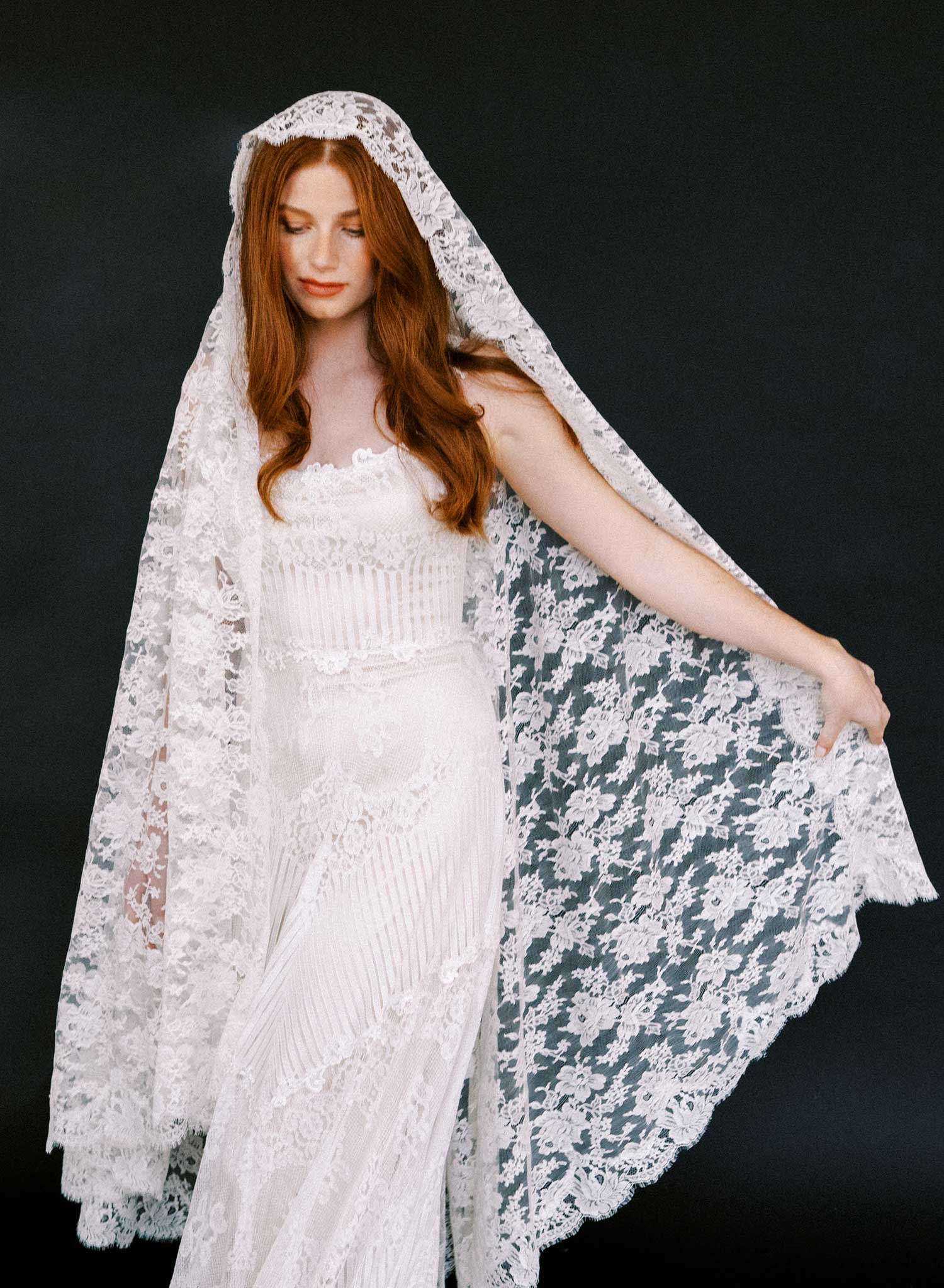 Allover French lace mantilla veil, short chapel - Style #2641