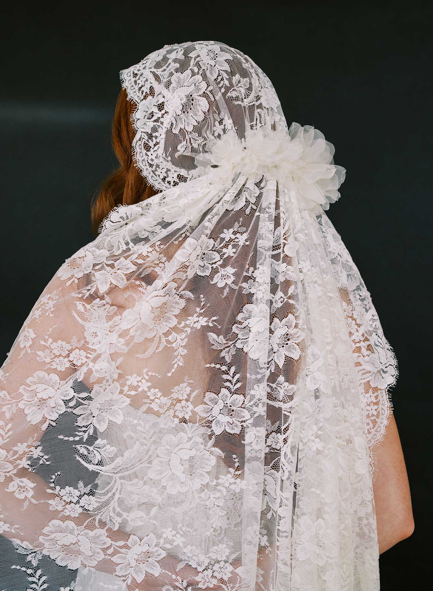 Juliet cap veil with allover French lace, fingertip - Style #2642