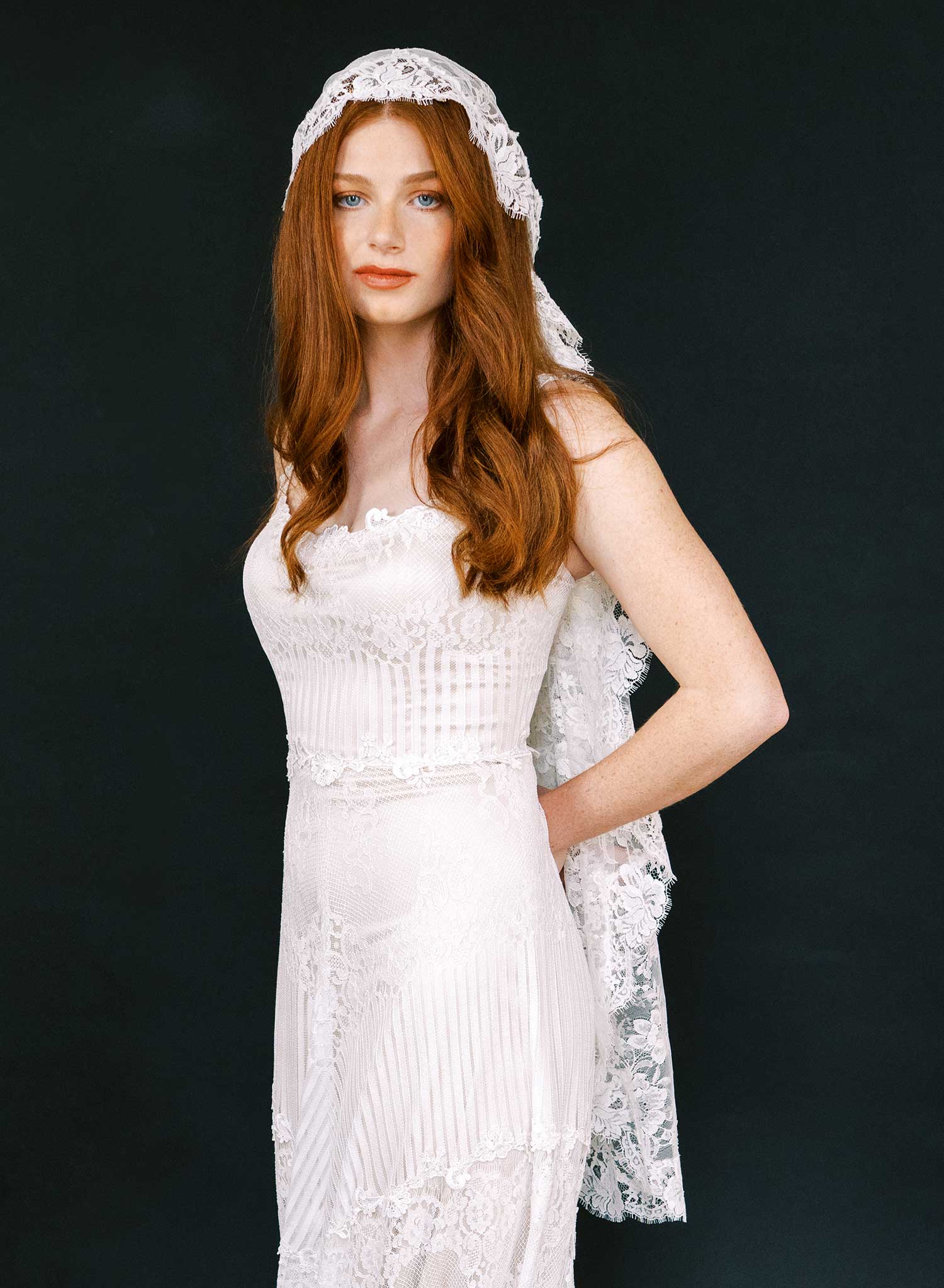 Juliet cap veil with allover French lace, fingertip - Style #2642