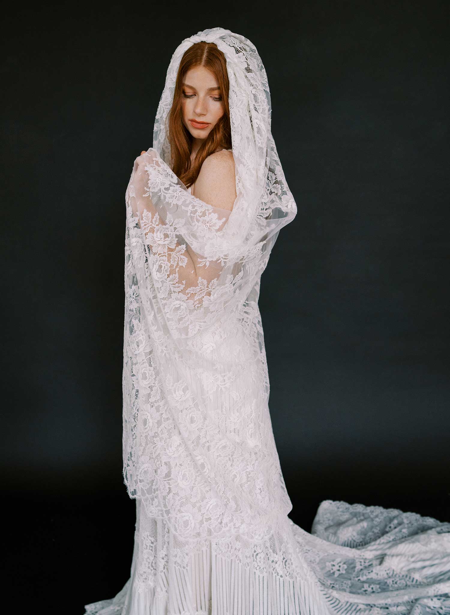 Columnar French lace, floral short chapel veil - Style #2644