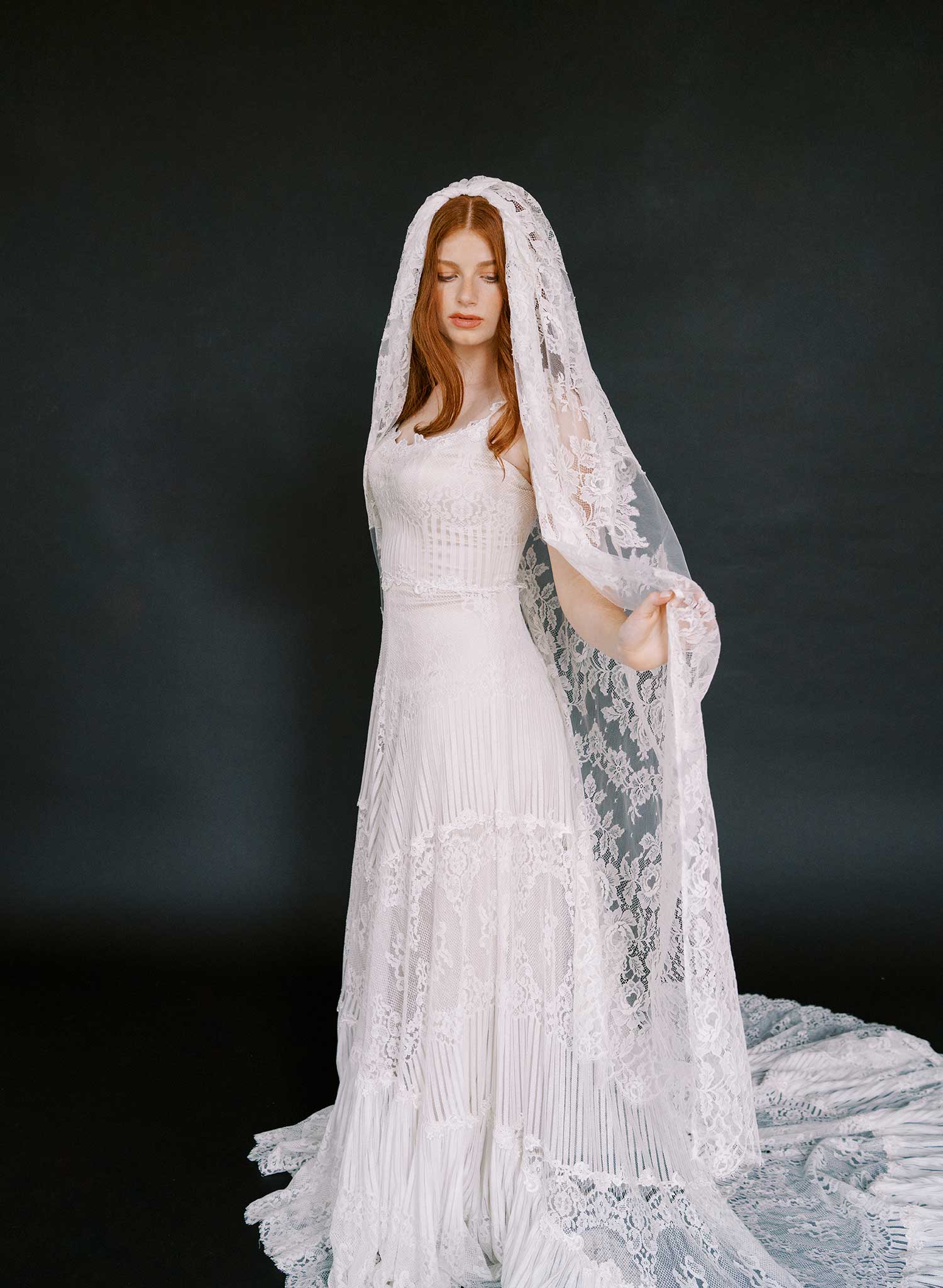 Columnar French lace, floral short chapel veil - Style #2644